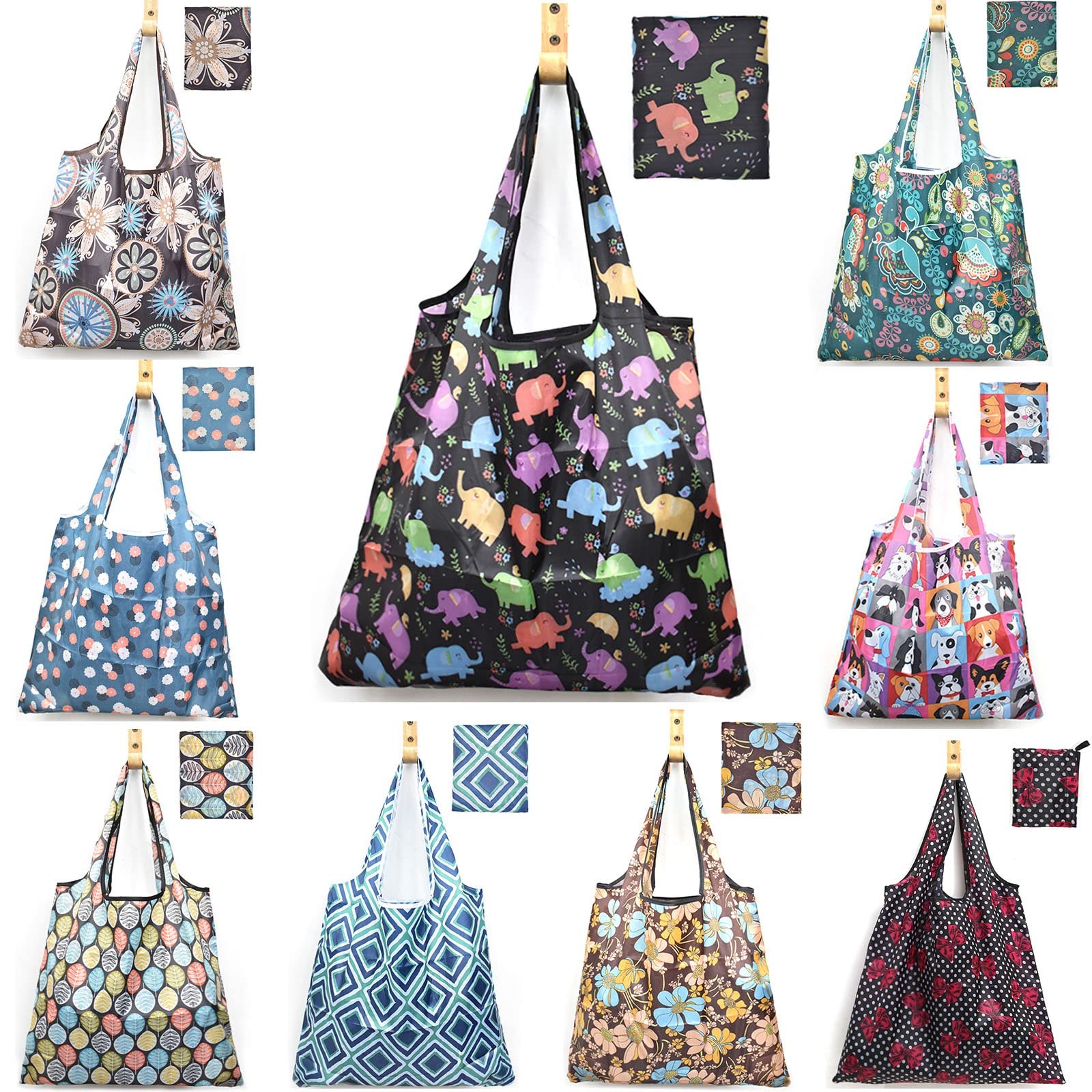 9 Pack Reusable Grocery Bags Foldable Shopping Bags Heavy Duty Nylon Bags Waterp