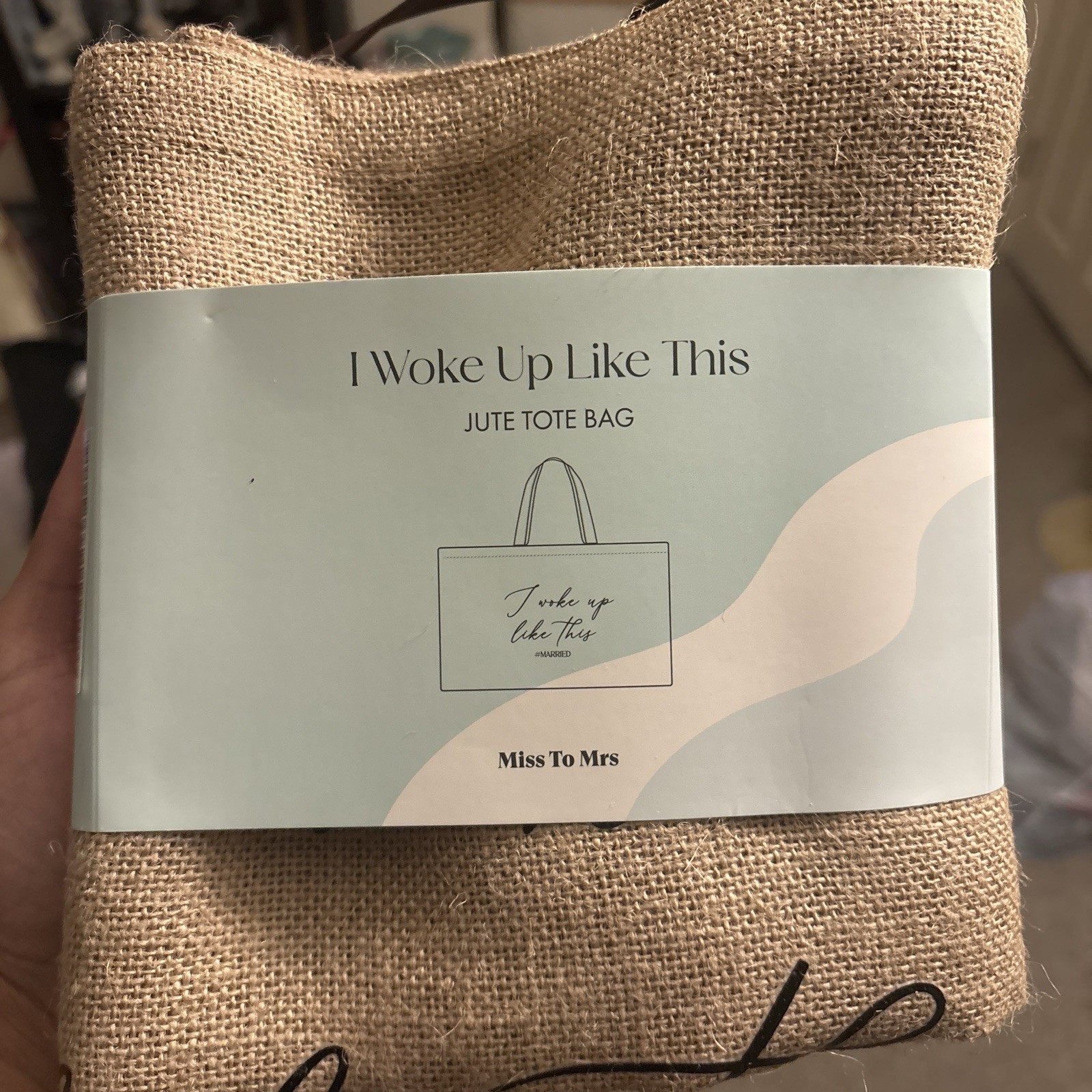 Miss To Mrs Large Jute Tote Bag Beige/Black Printed “I Woke Up Like This”