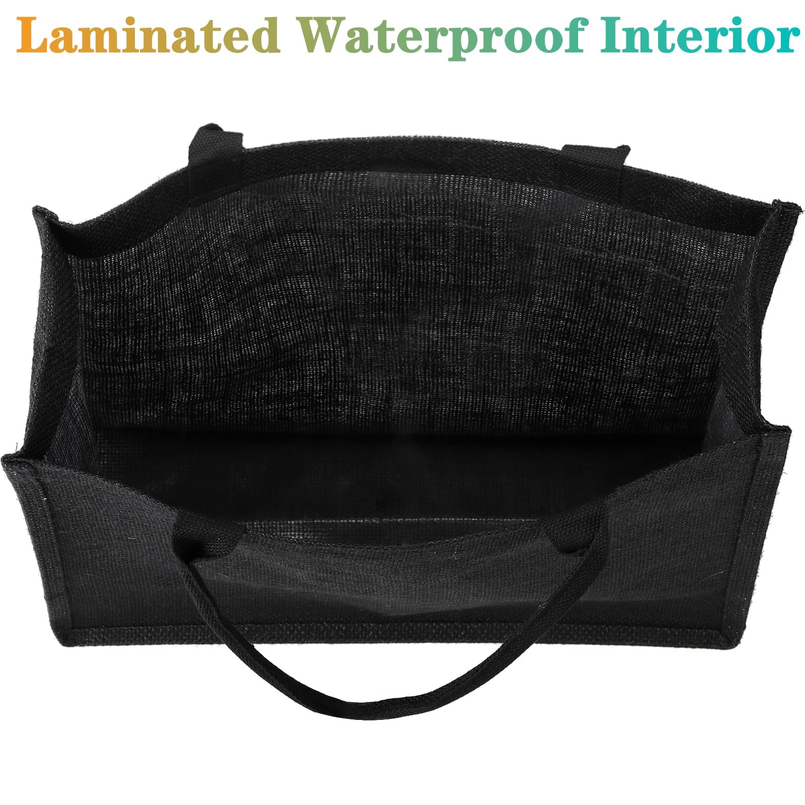 6 PCS Large Jute Burlap Tote Bag Black Laminated Interior 15.4×12.2×5.9 In