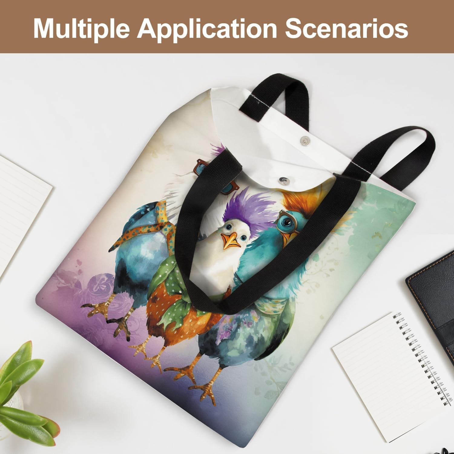 Funky Chicken Canvas Tote Bag – Double-Sided Printed Colorful Shoulder Bag wi…
