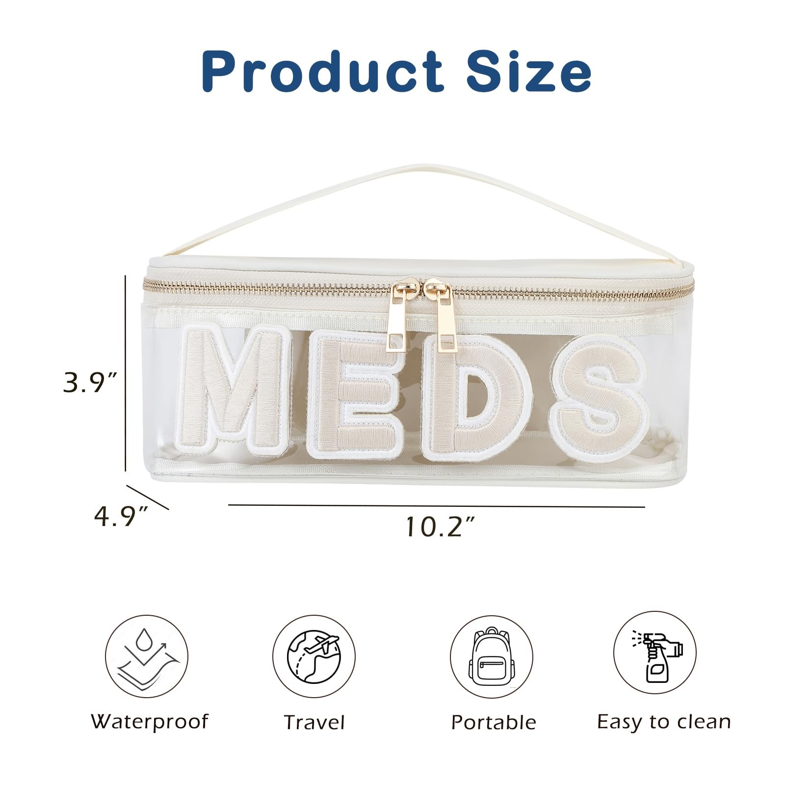 Lestikave Clear PVC Letter Patch MEDS RX Makeup Bag with Metal 01Beige