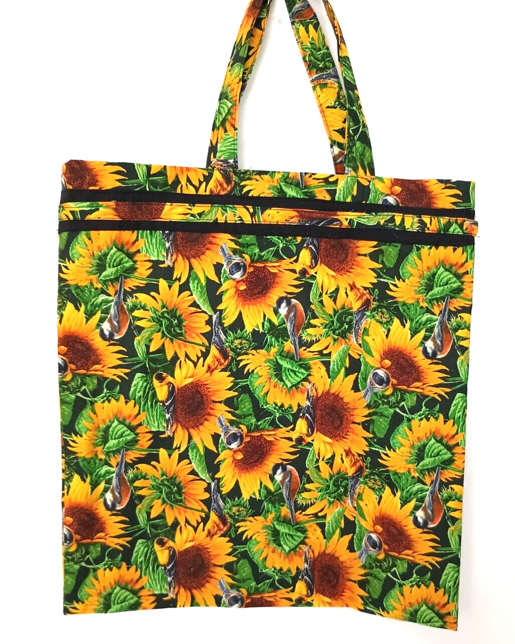 Reusable Shopping Tote Bag Sunflowers Birds Foldable Multicolor Cotton Handmade