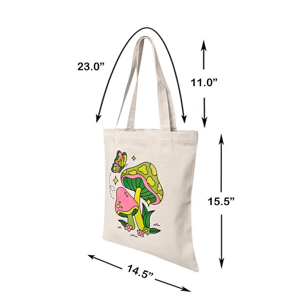 14-1/2″L x 15-1/2″ Reusable Canvas Grocery Bag Shopping Mushrooms Butterfly Tote