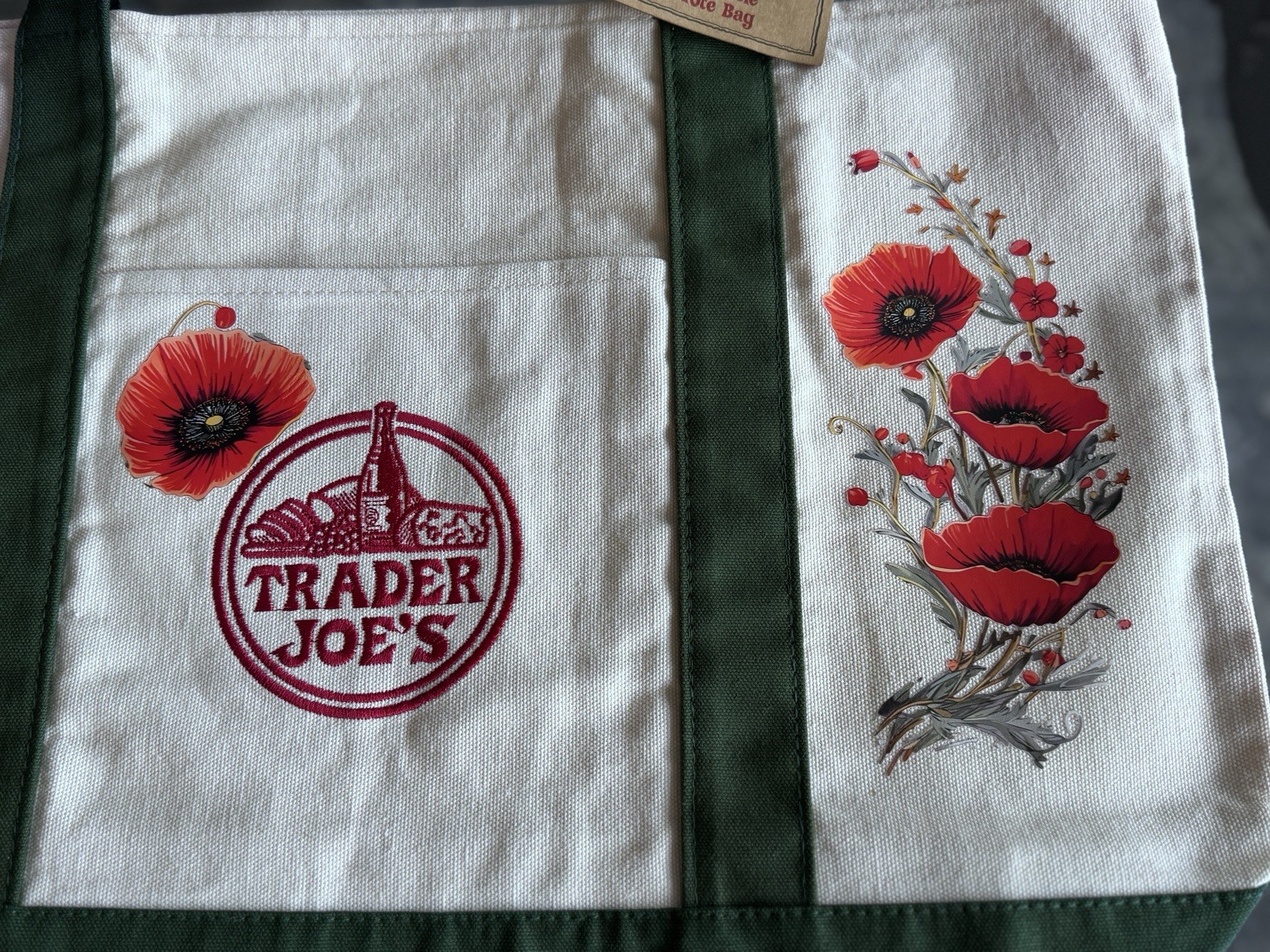 Trader Joe’s Foldable Canvas Reusable Shopping Bag Floral Beige Green Red
