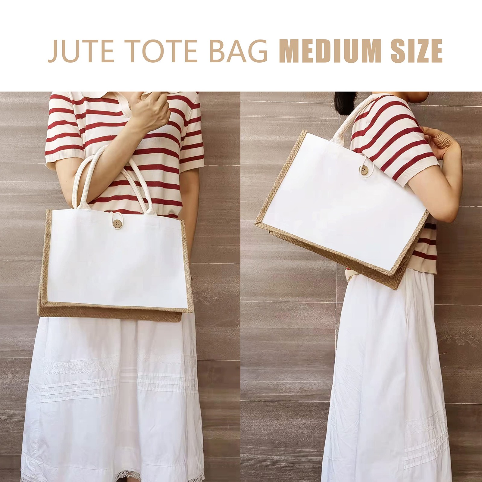 6 PCS Jute Travel Tote Bags 14.5×6.7×10.2 Burlap Button Handle Grocery DIY