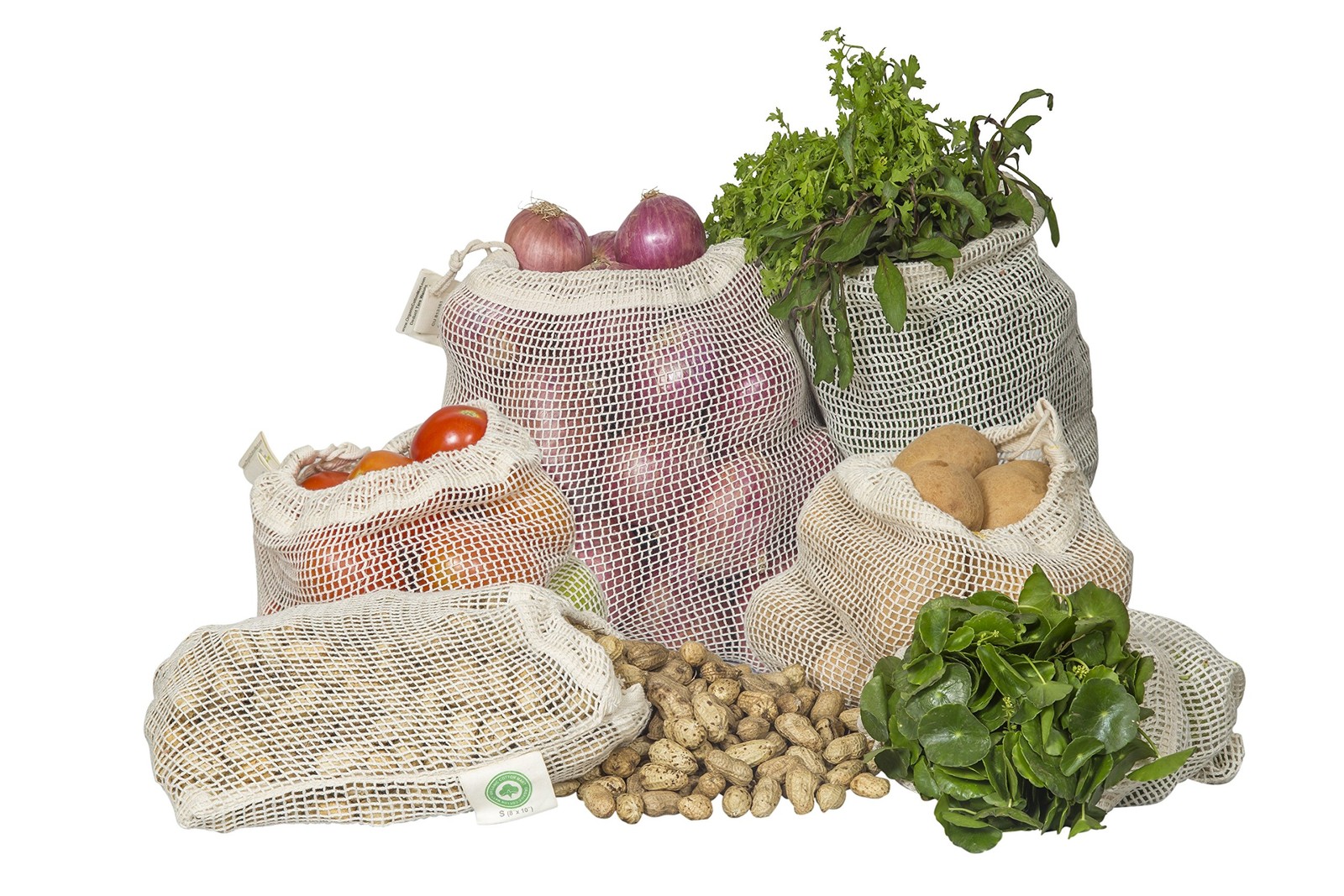 Mesh Grocery Bags – 3 X-Large (14 in x 18 in), 3 Large (12 x 15 White