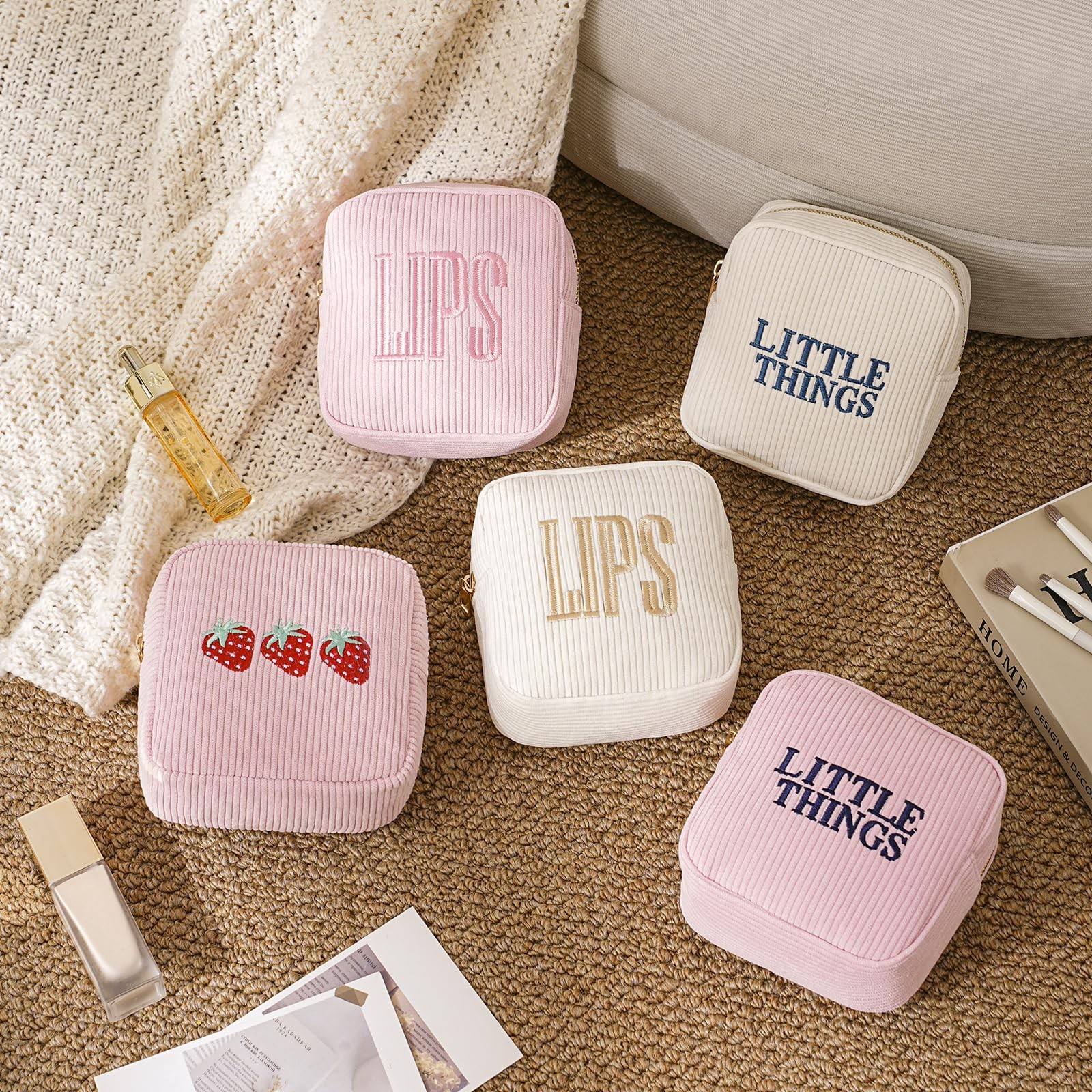Lestikave Small Makeup Bag for Purse，Personalized Mini Corduroy 01Pink LIPS