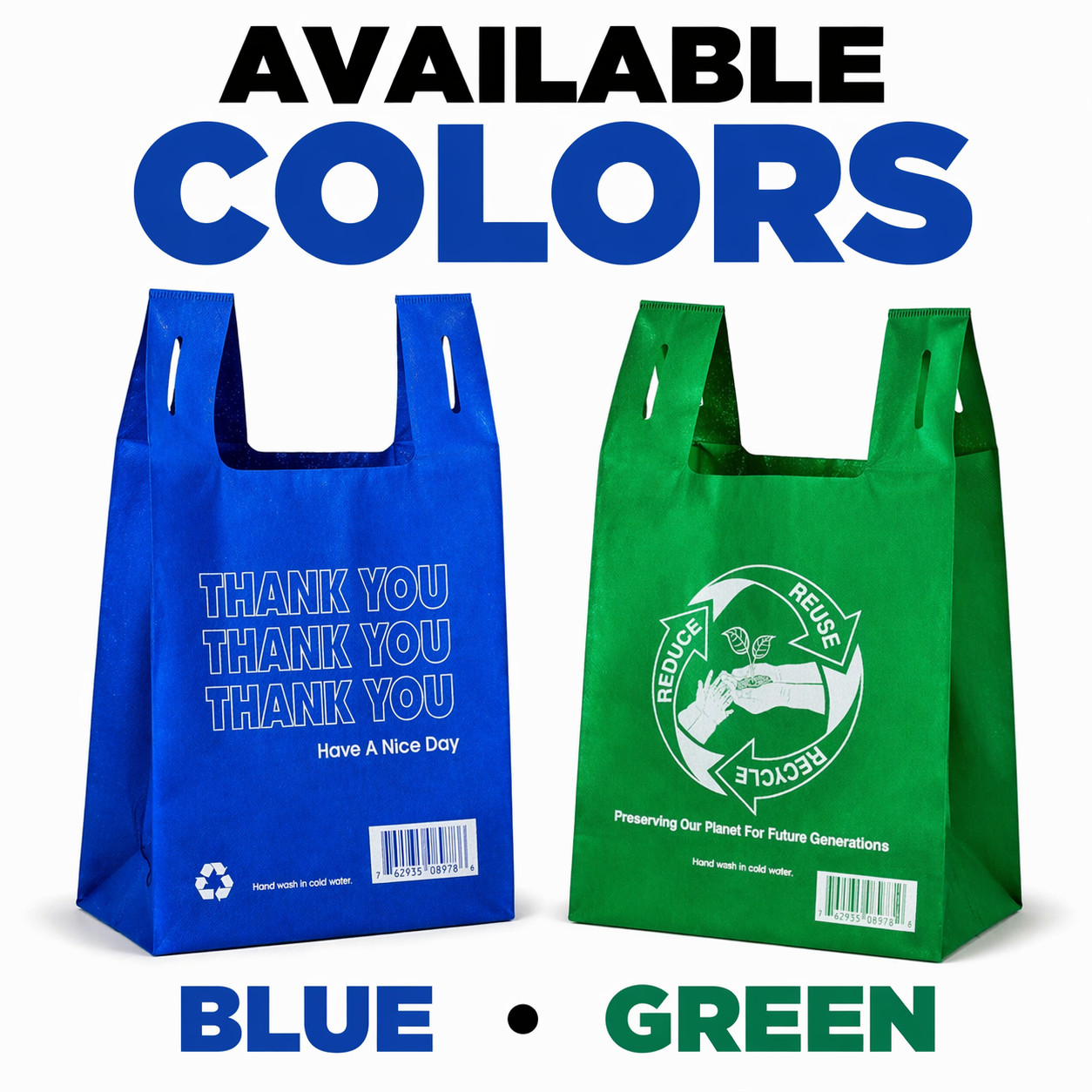 Blue Green Reusable Grocery T Shirt Bags Thank You 11 x 7 x 19 80 GSM Bulk