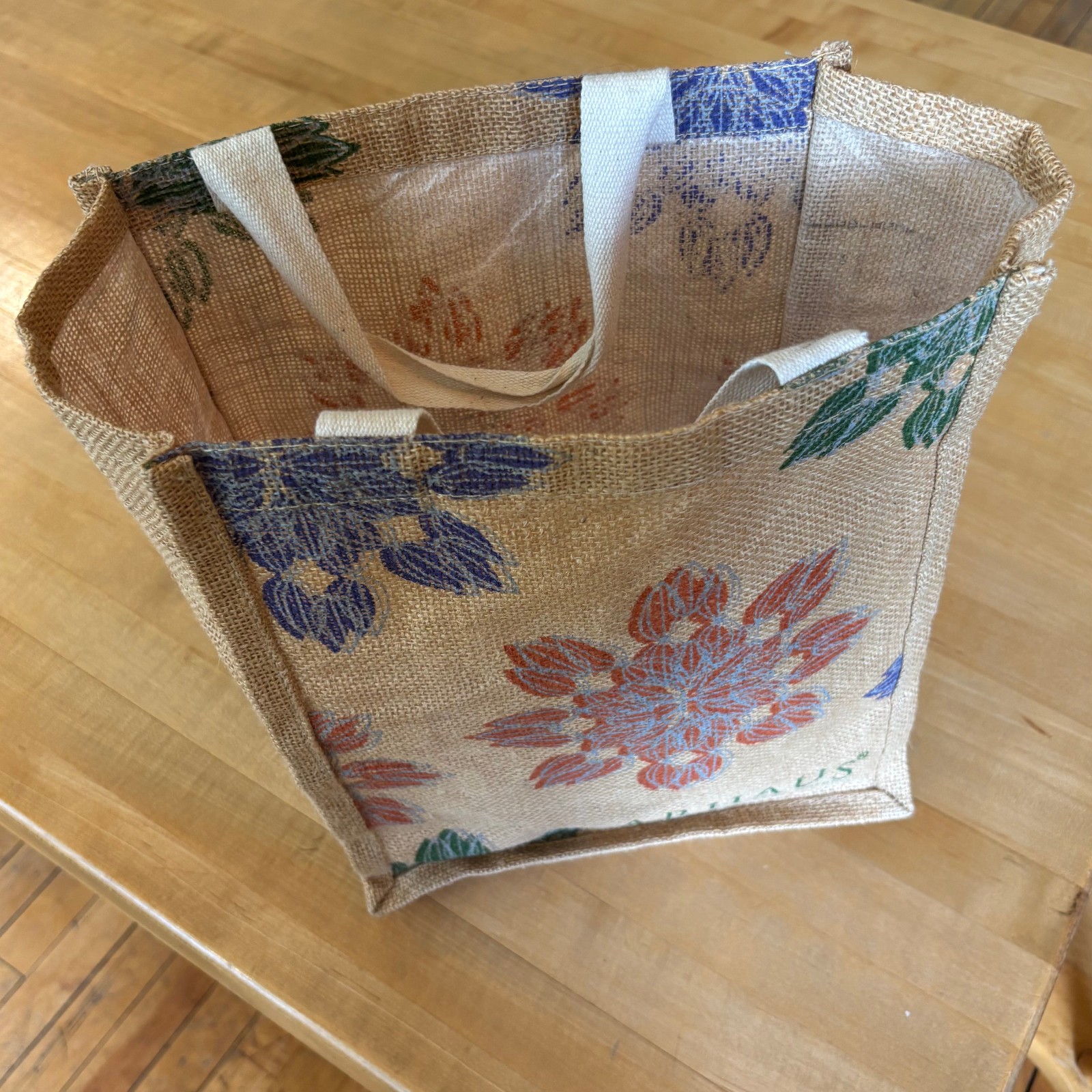 Arhaus Tan Earthy Tote Bag Jute Tan Floral Pattern 12.5 X 10 Inches