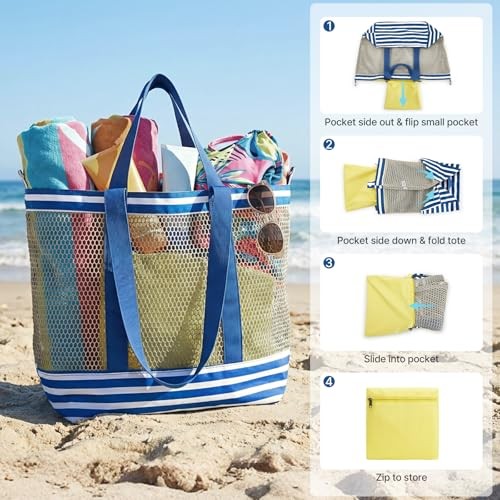 Mesh Beach Bags for Women Men Extra Large Packable Beach Tote Blue & Yellow