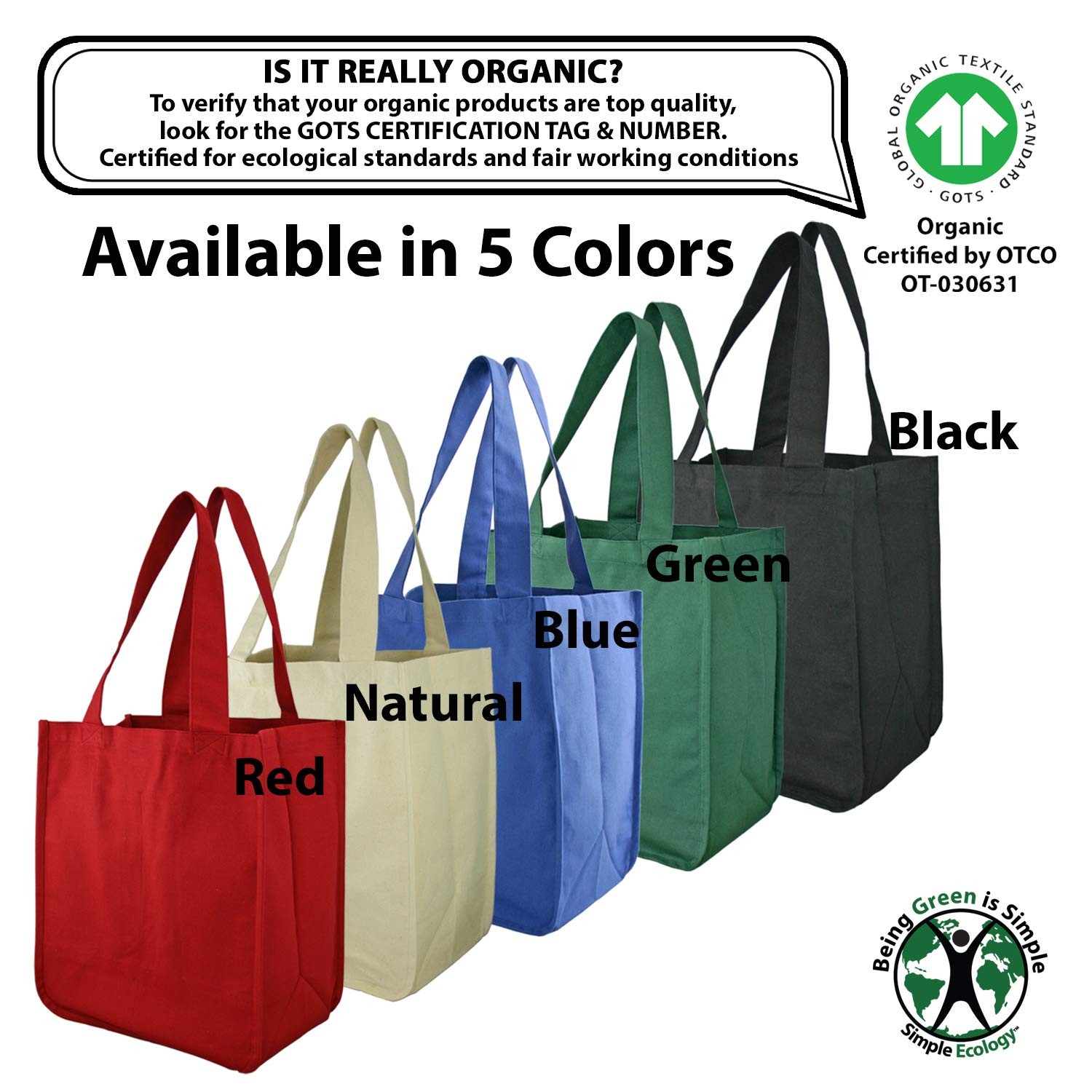 Simple Ecology Organic Cotton Deluxe Reusable Grocery Shopping Bag with Bottl…