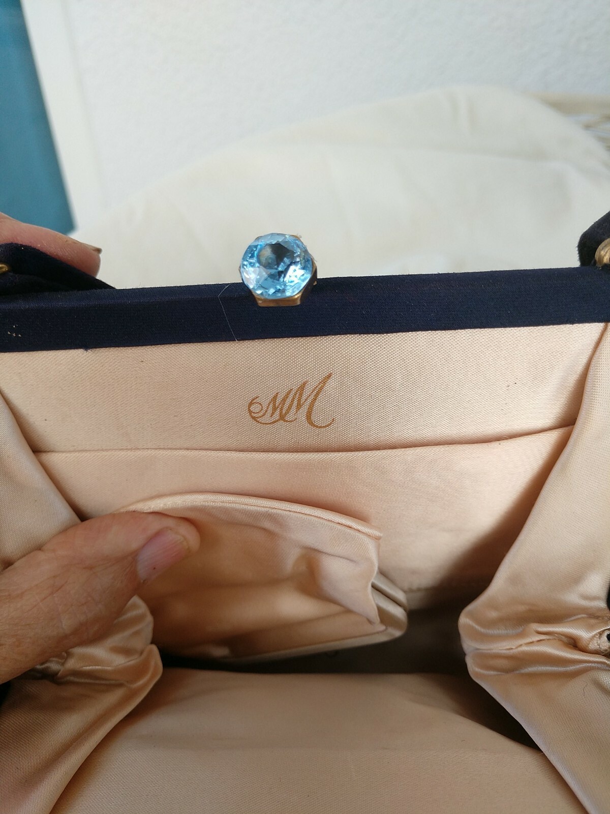 Vintage Bag Small Navi Blue. , W Blue Topasio ?Clasp Cristal? 7 X 7 1/2 silk