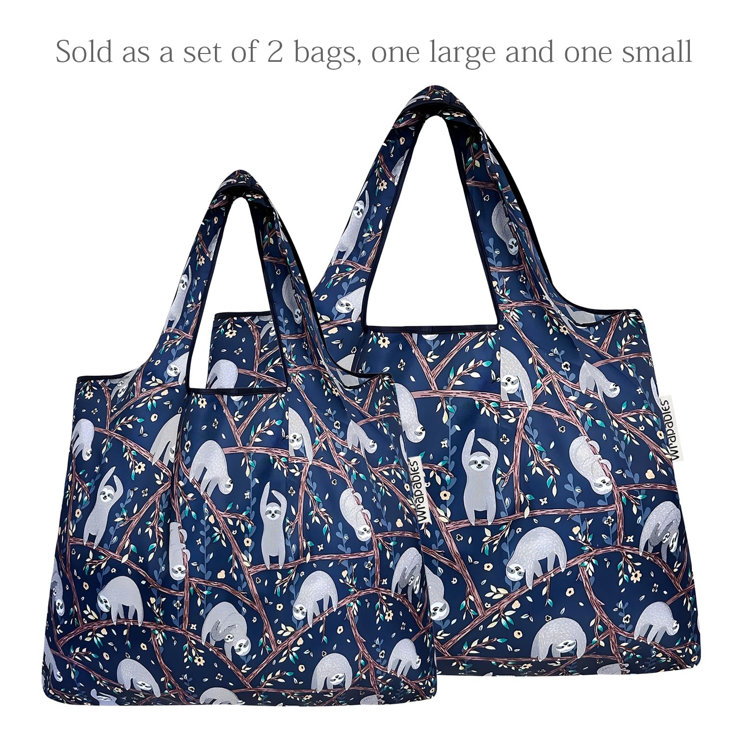 Large & Small Foldable Tote Nylon Reusable Grocery Bags, Set of 2, Sloths