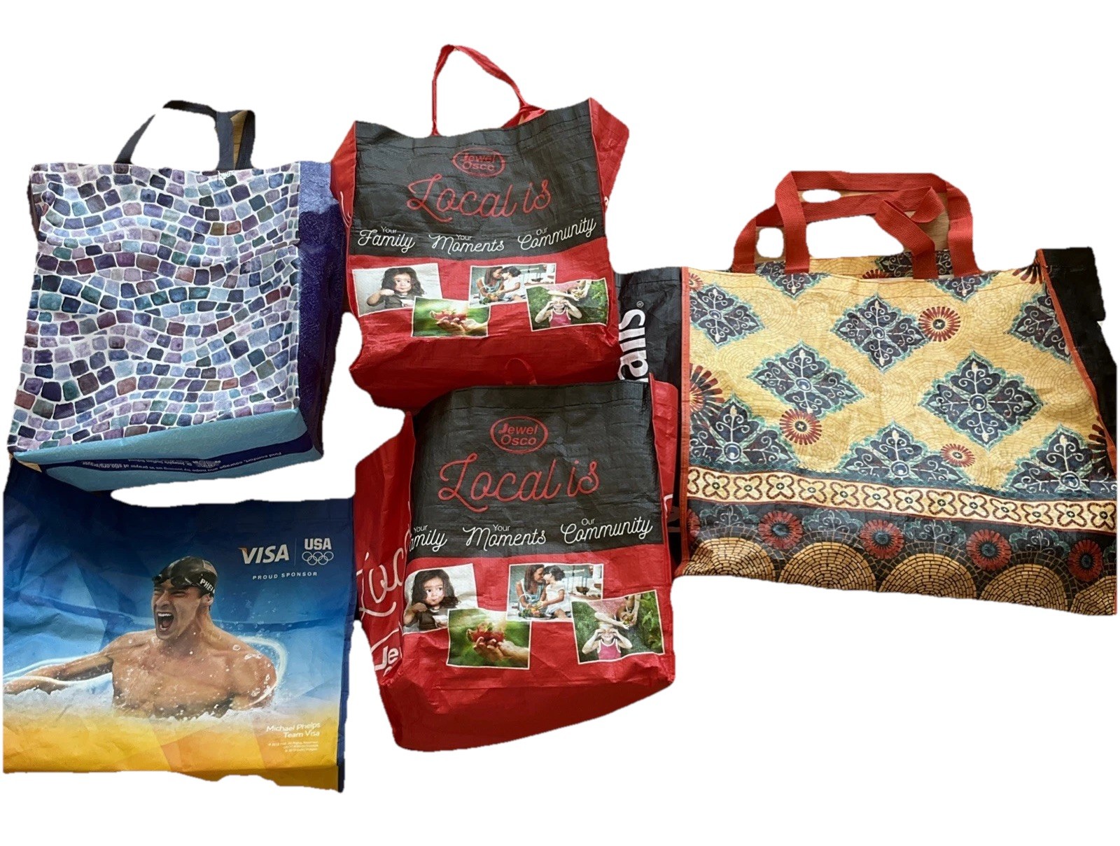 Mixed Lot of 5 Reusable Shopping Tote Bags Medium to Large Sizes Assorted