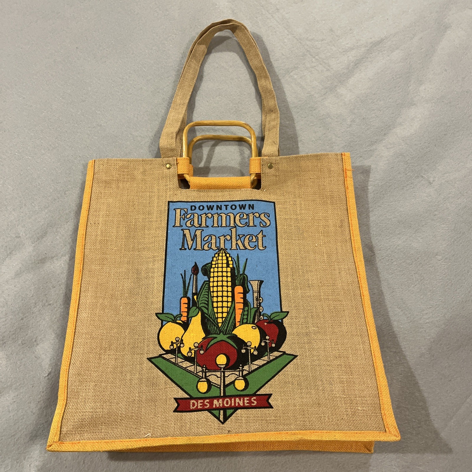 Jute Burlap Reusable Des Moines Iowa Farmers Market Bag Wood Handles 18”x18”x6”