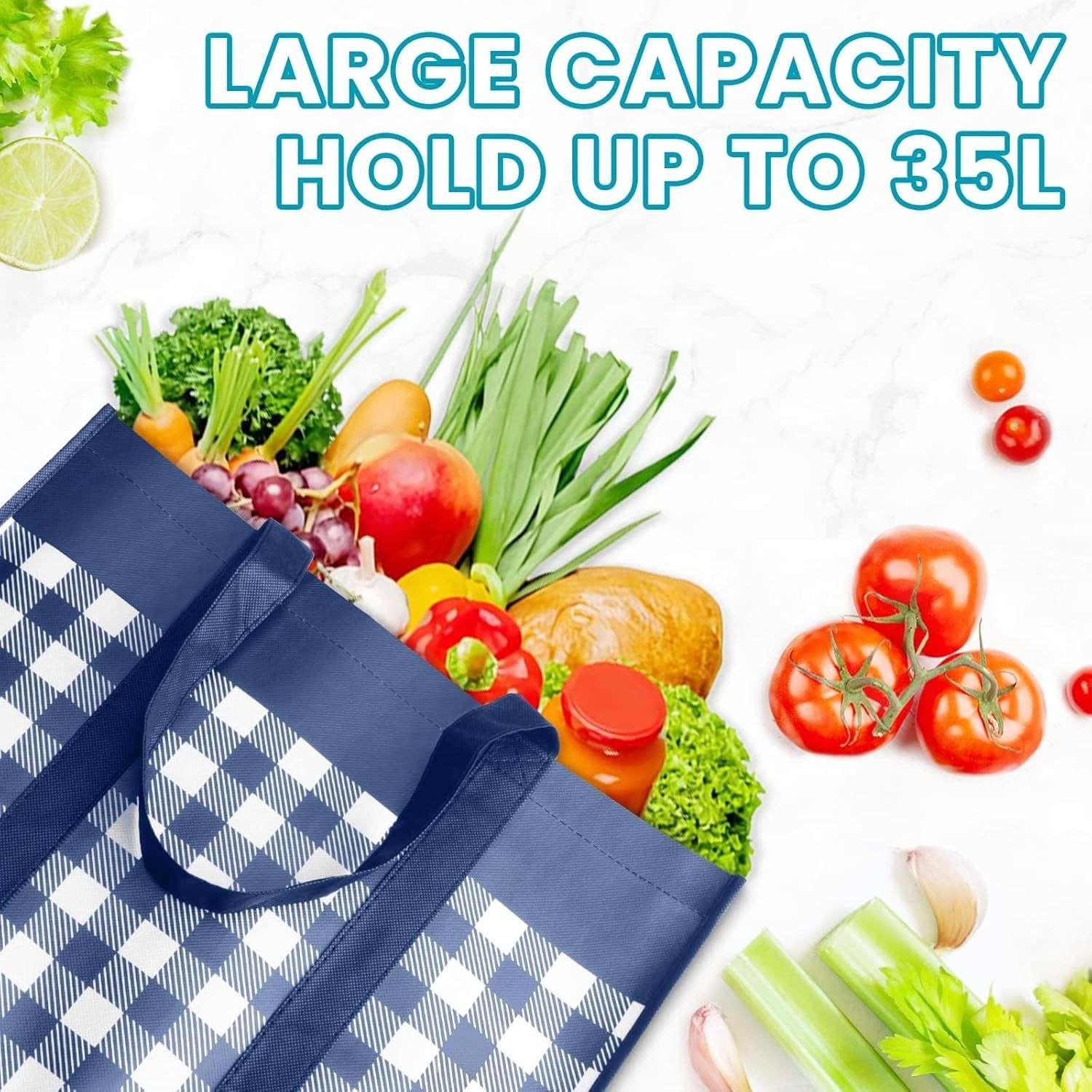 Bulk Reusable Grocery Bags, 10-Pack, Water Resistant, Blue