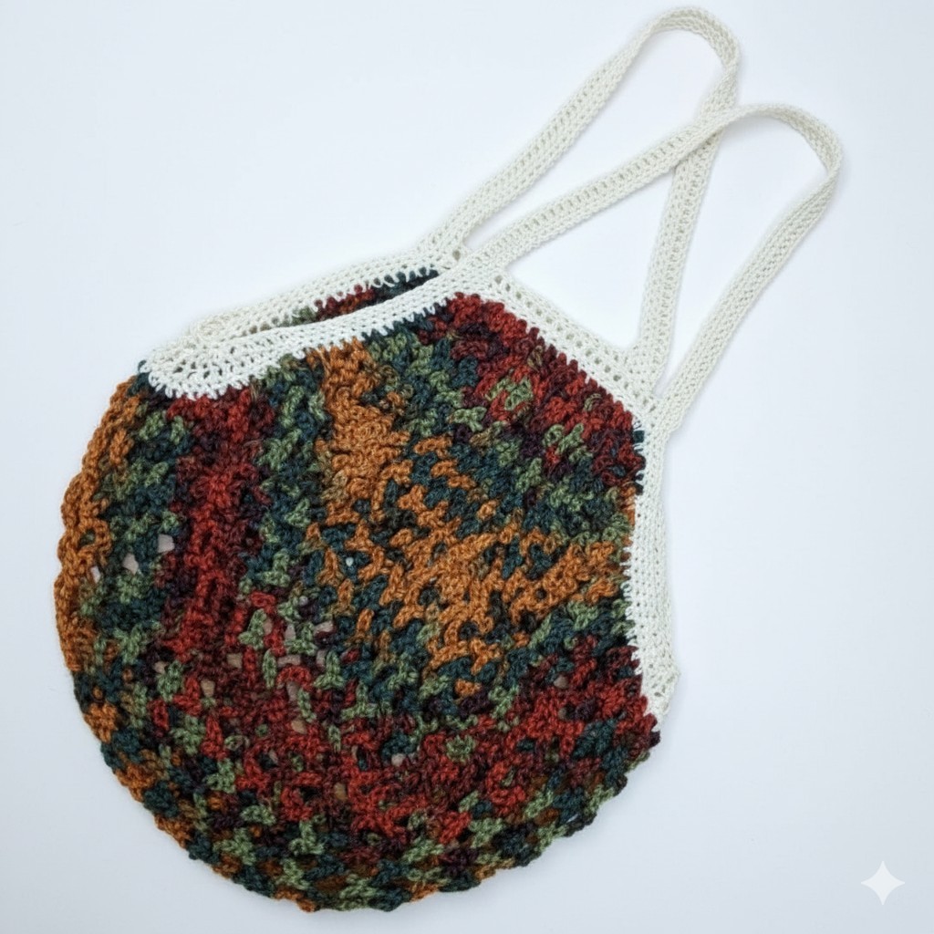 Handmade Camo Farmers Market Bag Crochet French Net Sack Cotton Grocery Beach