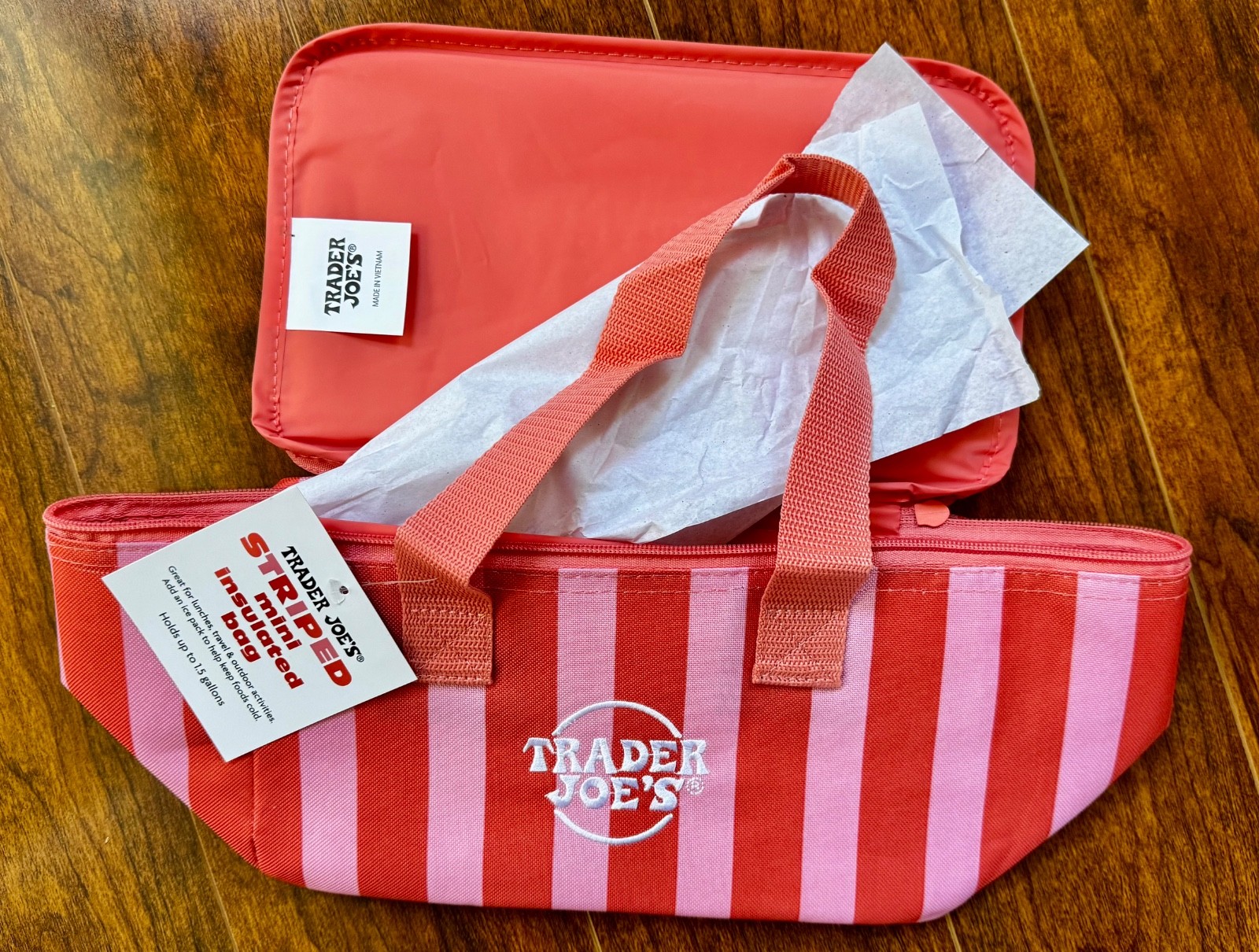 Trader Joes mini insulated bag red and pink stripes