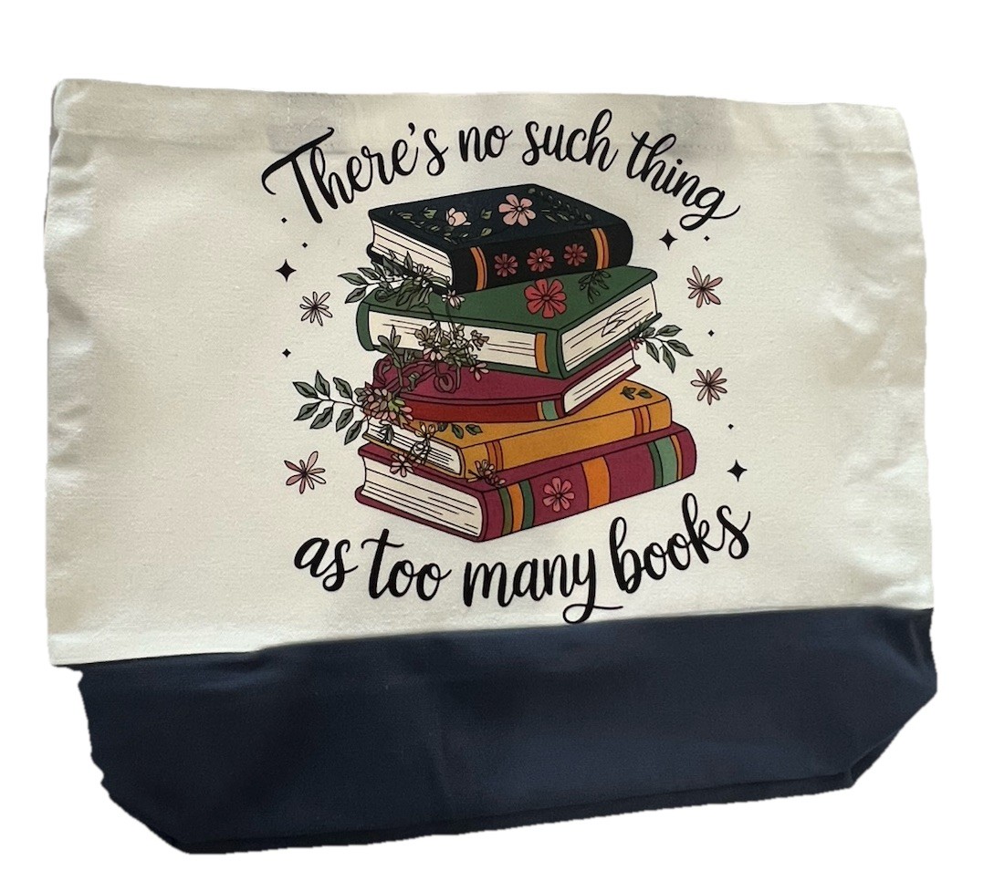 New Silkfly 18”x15” Canvas Bag “ … Too Many Books”