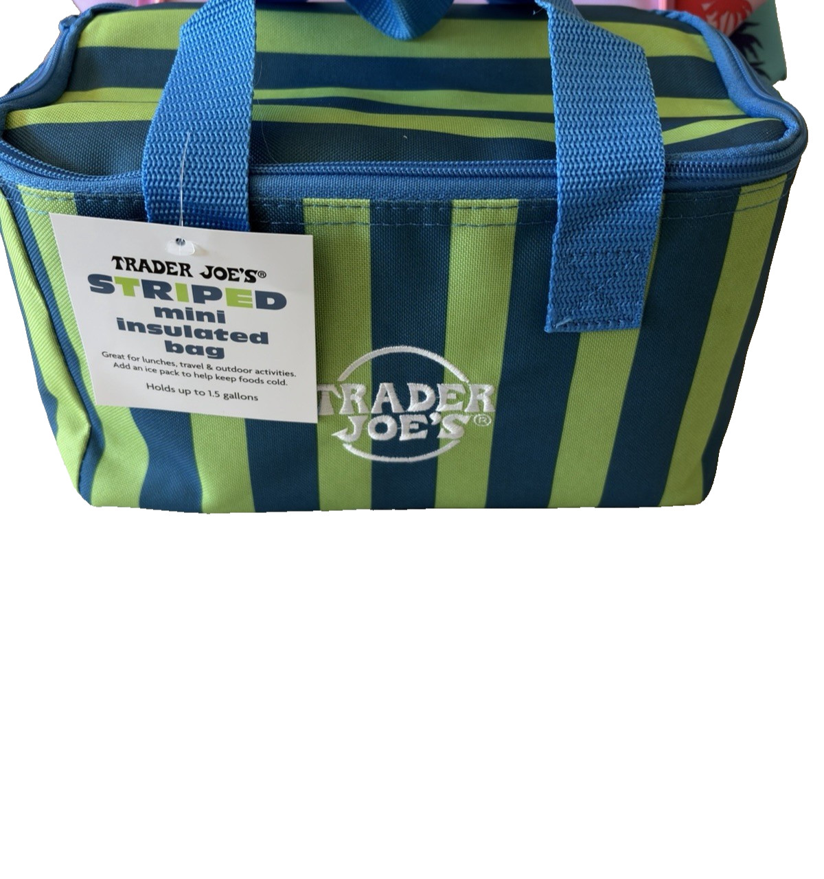 Trader Joe’s Insulated Mini Lunch Tote Cooler Bag Blue Green Stripe 2026 NWT