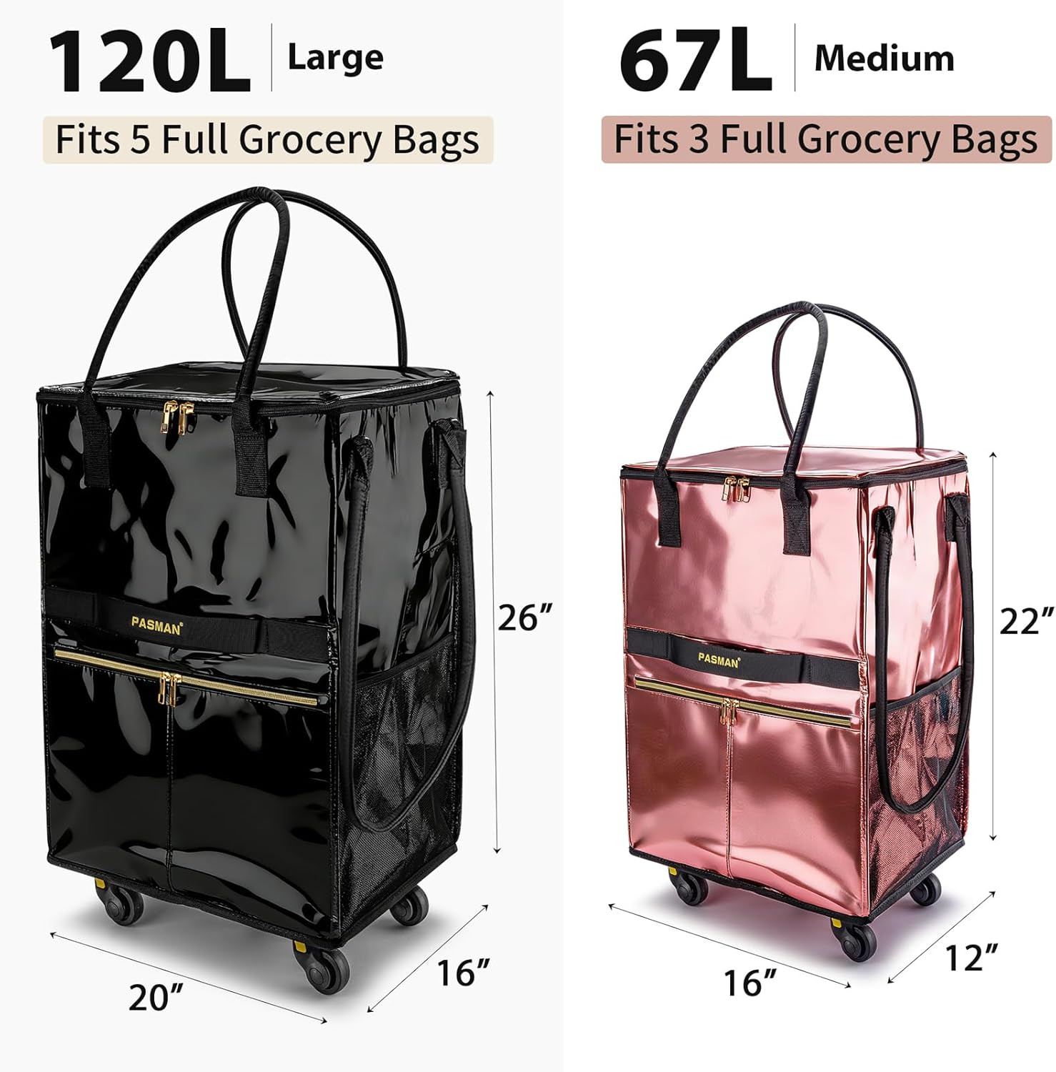 Reusable Grocery Bag on 5 Wheels, Foldable Rolling Tote Bag with Handle and Zipp