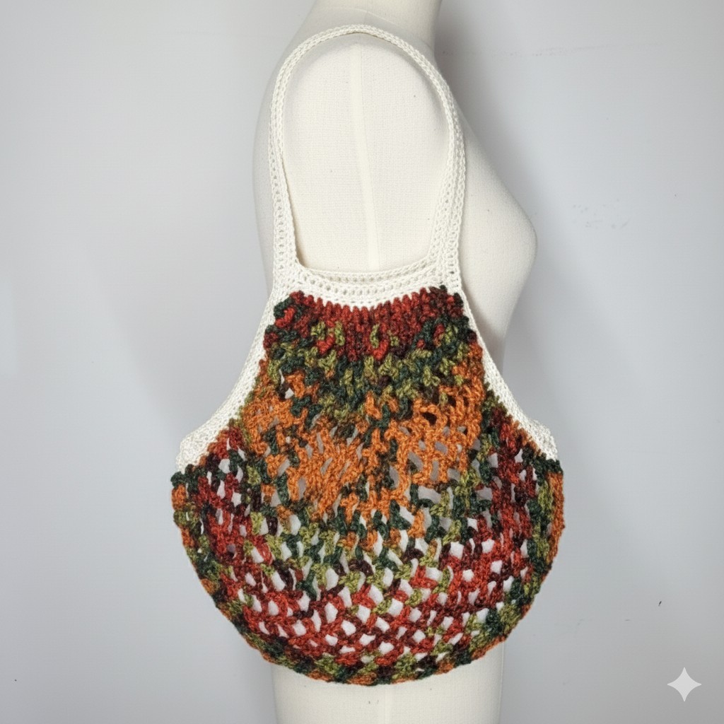 Handmade Camo Farmers Market Bag Crochet French Net Sack Cotton Grocery Beach