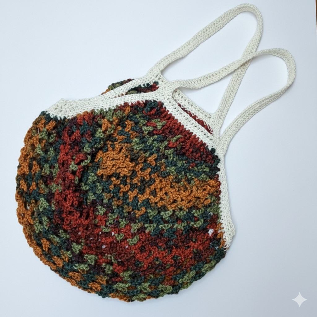 Handmade Camo Farmers Market Bag Crochet French Net Sack Cotton Grocery Beach