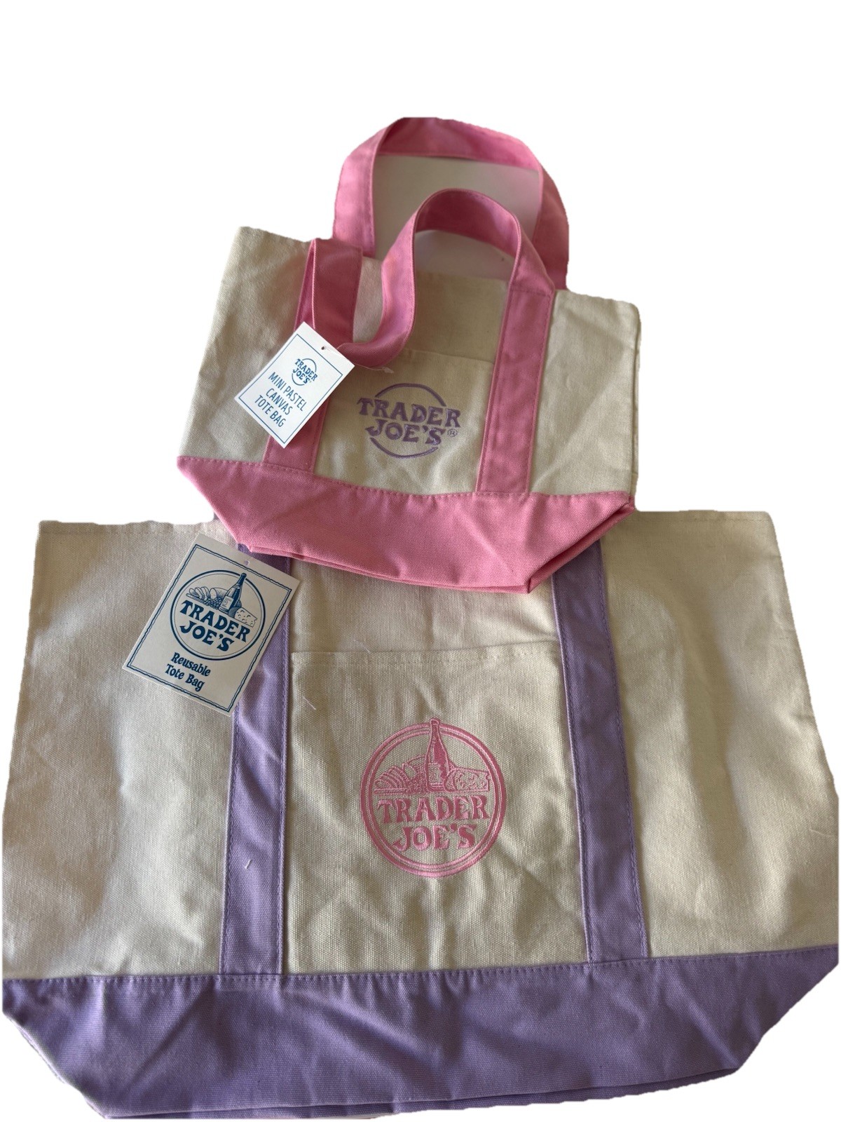 Trader Joe’s Lavender Purple Large + Pink Mini Canvas Tote Bag 2 Set Limited 🛍️