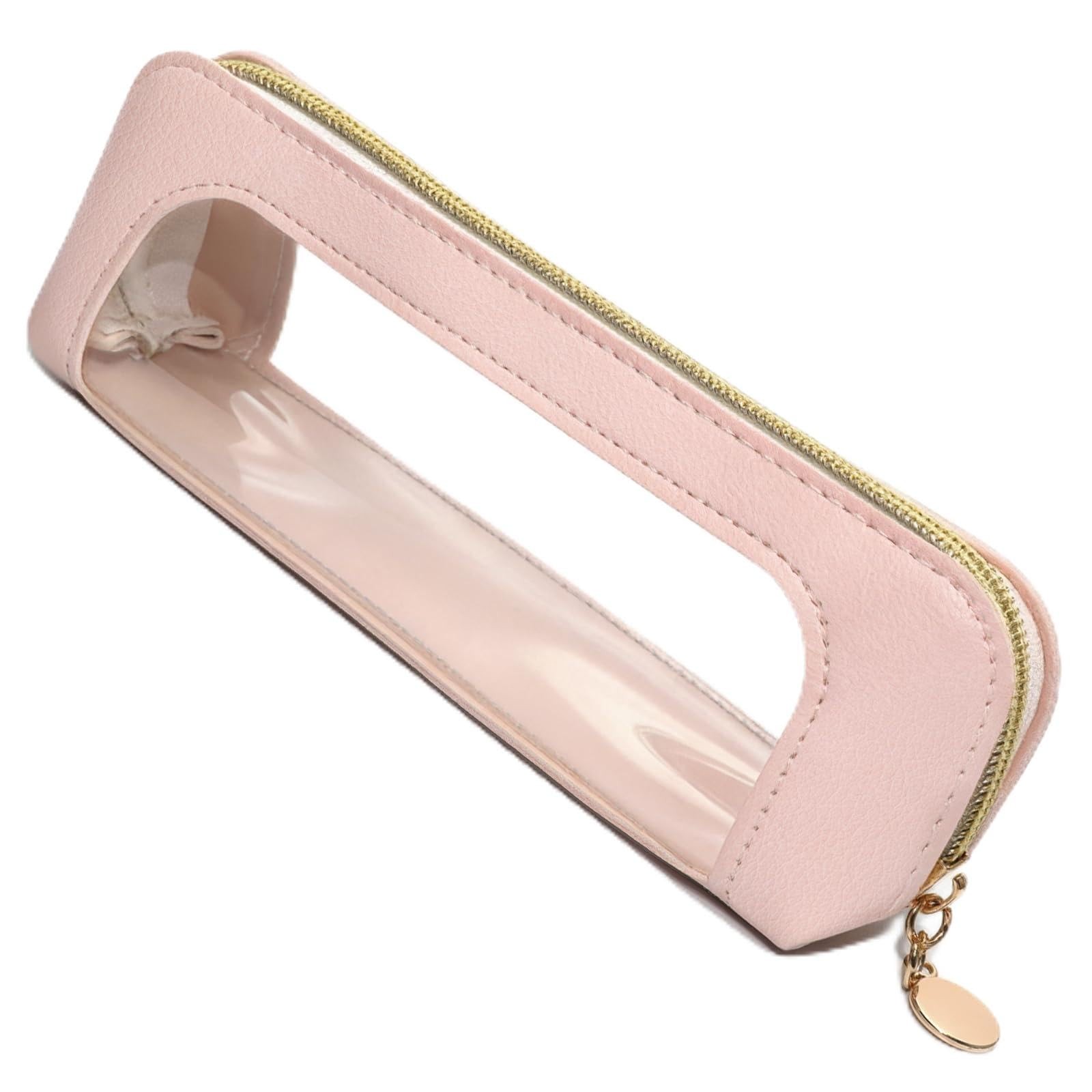 Ayzylpth Small Clear Makeup Bag, Pink PU Leather Travel Brush