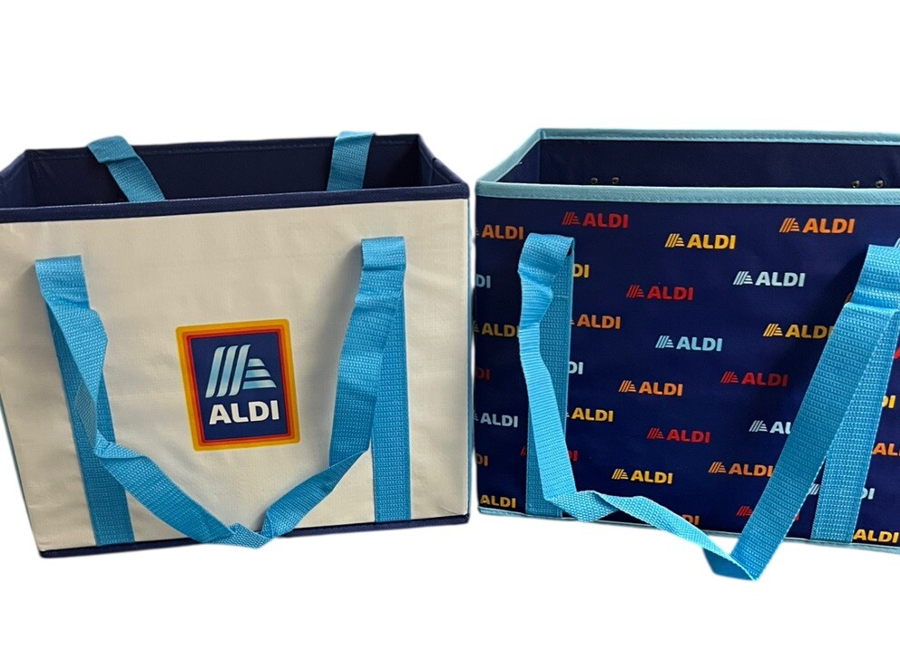 2 ALDI Collapsible Box Bags 14x11x10 Blue / White / Rainbow