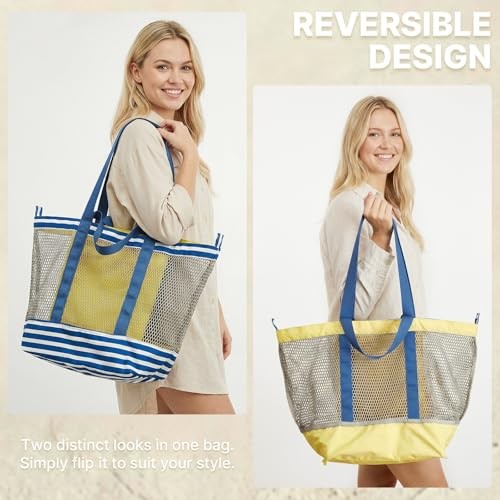 Mesh Beach Bags for Women Men Extra Large Packable Beach Tote Blue & Yellow
