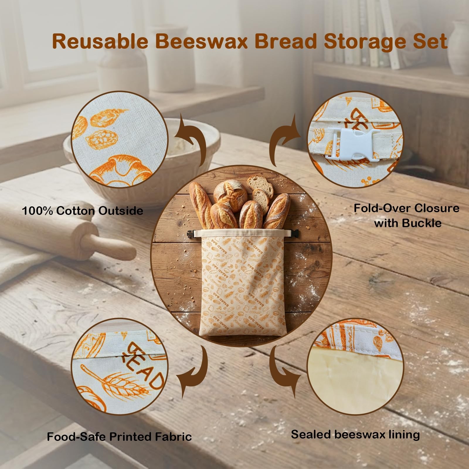 2 Pack Cotton Beeswax Bread Bags for Sourdough with 1 Bowl Cover, X-Large
