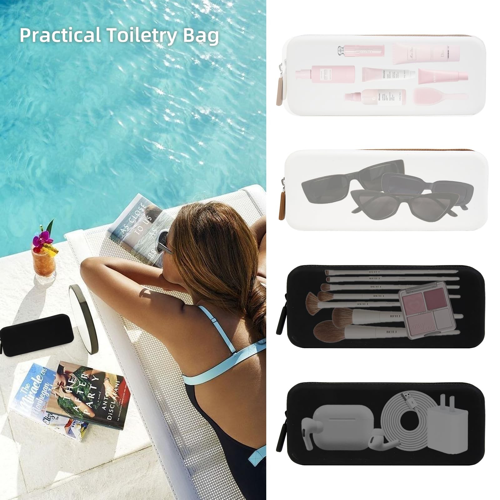 AIBFRID 2PCS Silicone Makeup Brush Bag Travel Zipper Black White