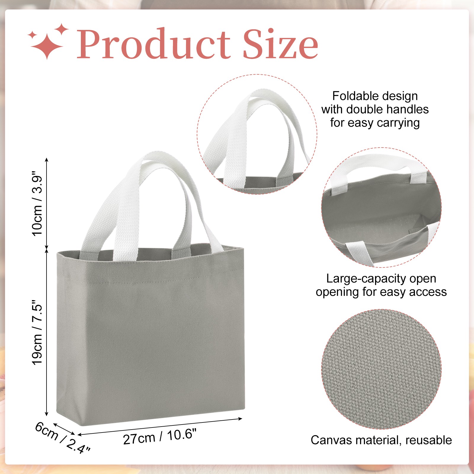 Small Canvas Tote Bag for Women, 11 x 2 x 7″ Canvas Bags, Gray