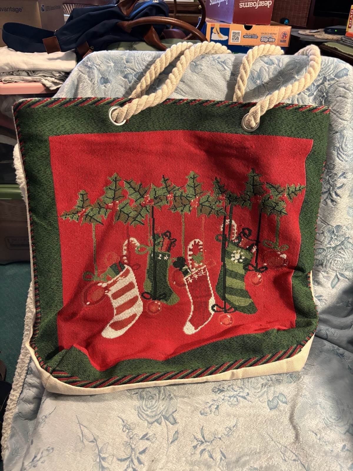 Canvas Tote Reusable Shopping Bag w/ Rope Handles, Zipper Closure, Christmas