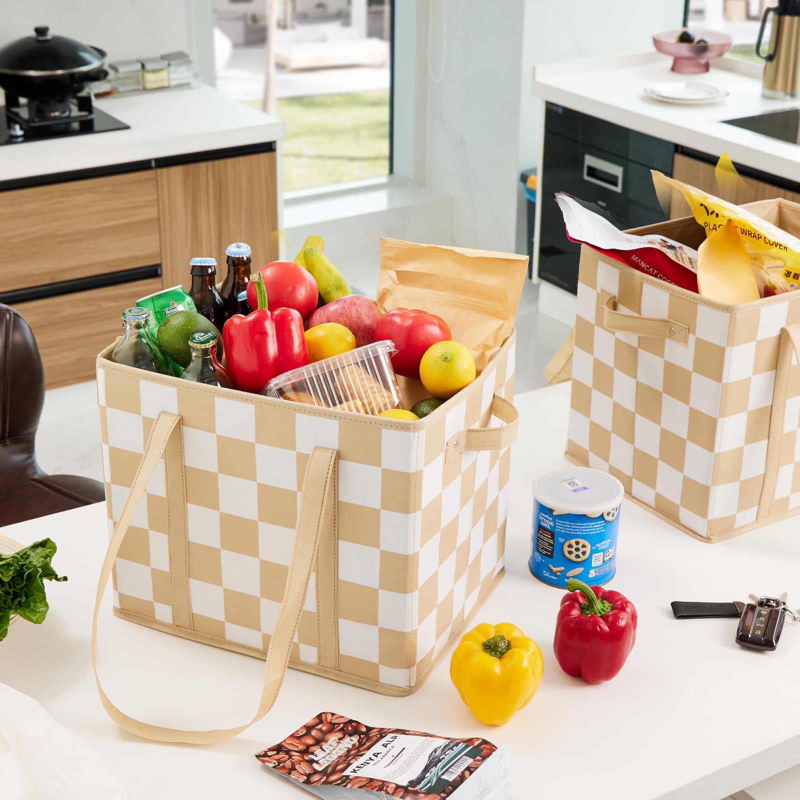 Biege Checkered Reusable Grocery Bags Heavy Duty 3 Pack Checkerboard Foldable…
