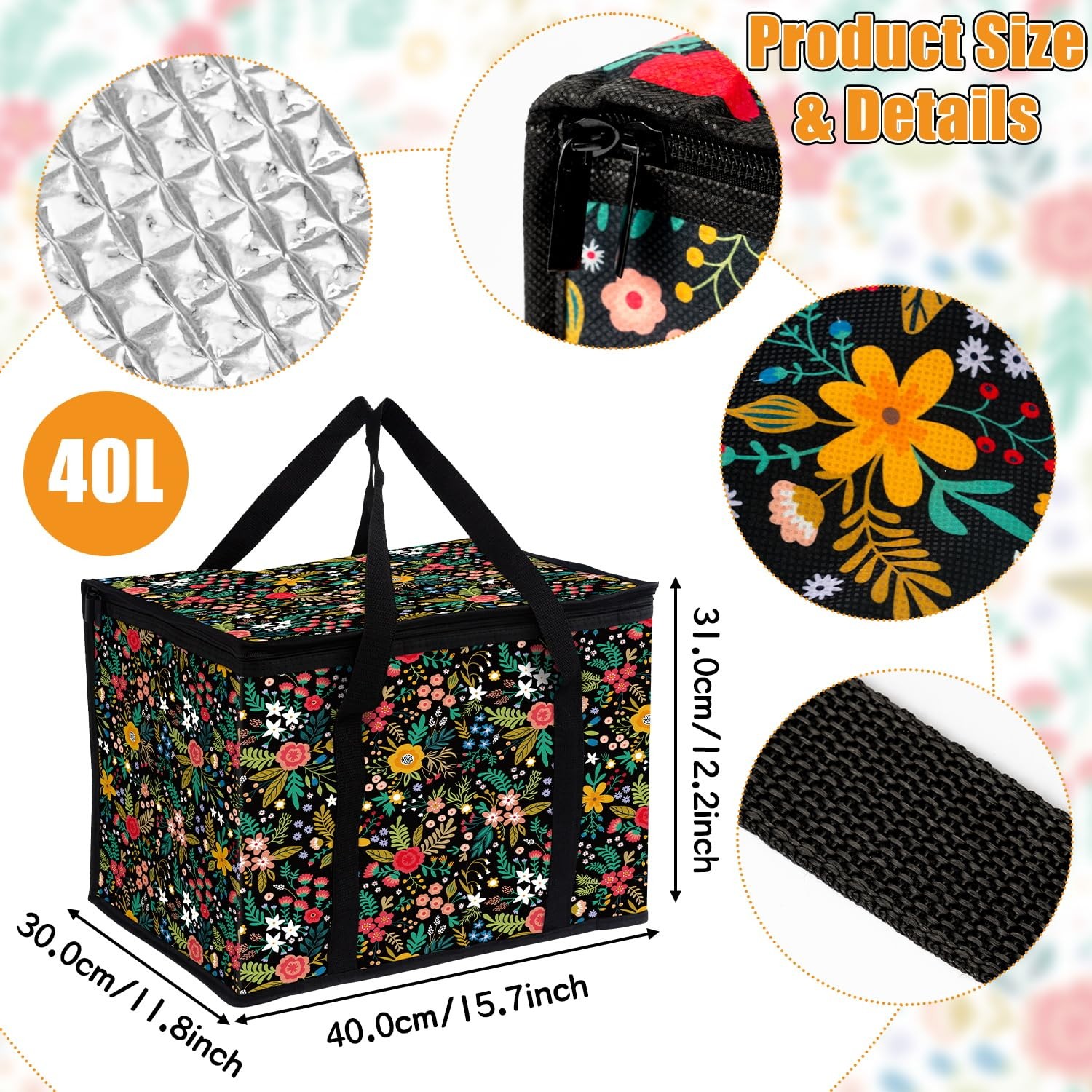 40L Flower Insulated Reusable Grocery Cooler Bag Thermal 15.7×11.8×12.2 In