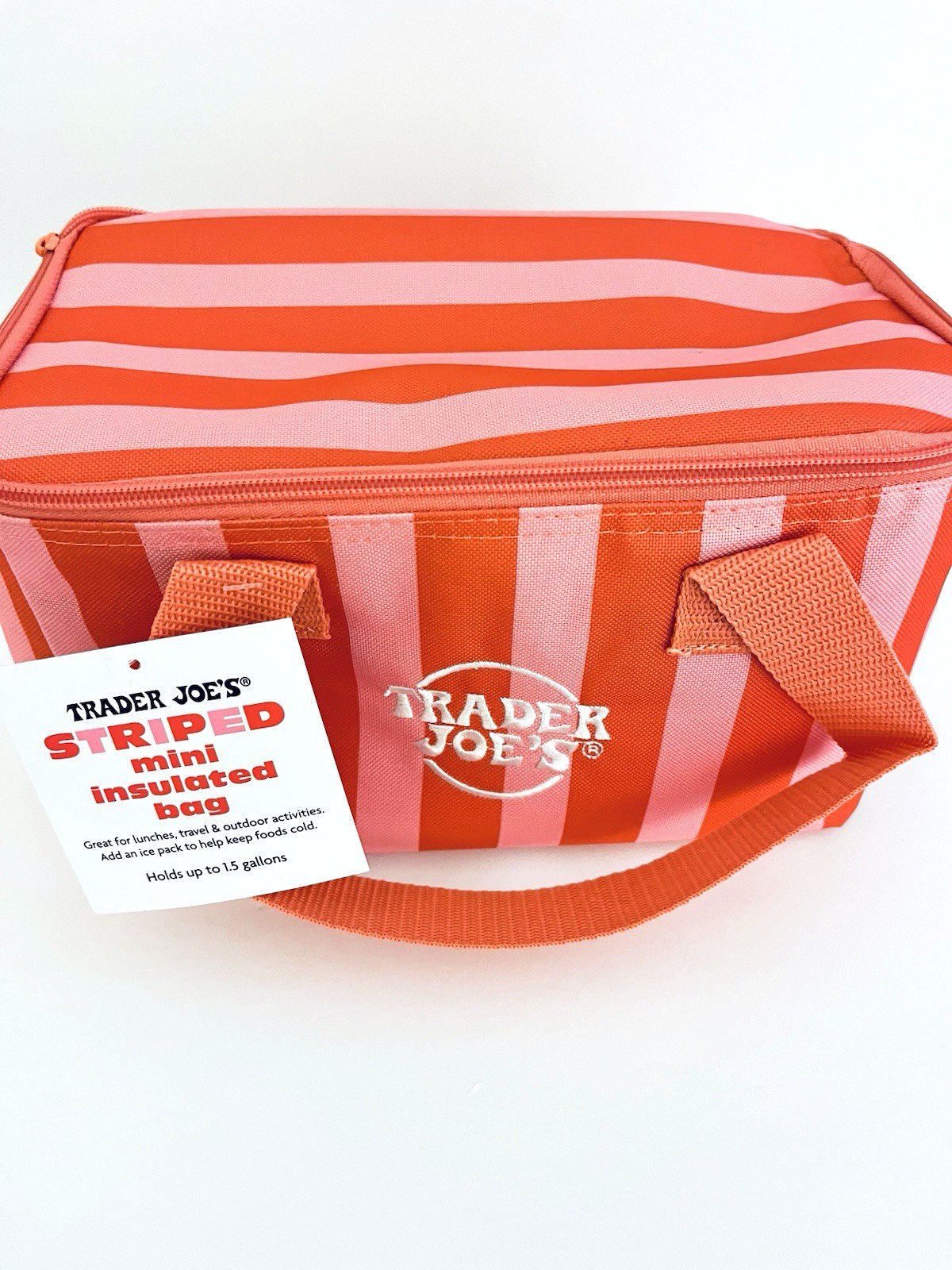 Trader Joe’s Striped Mini Insulated Tote Bag 2026 New Pink Red Stripes NWT