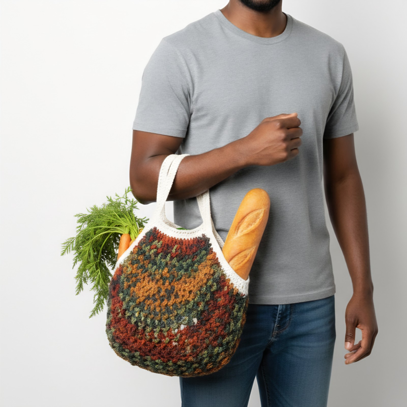 Handmade Camo Farmers Market Bag Crochet French Net Sack Cotton Grocery Beach