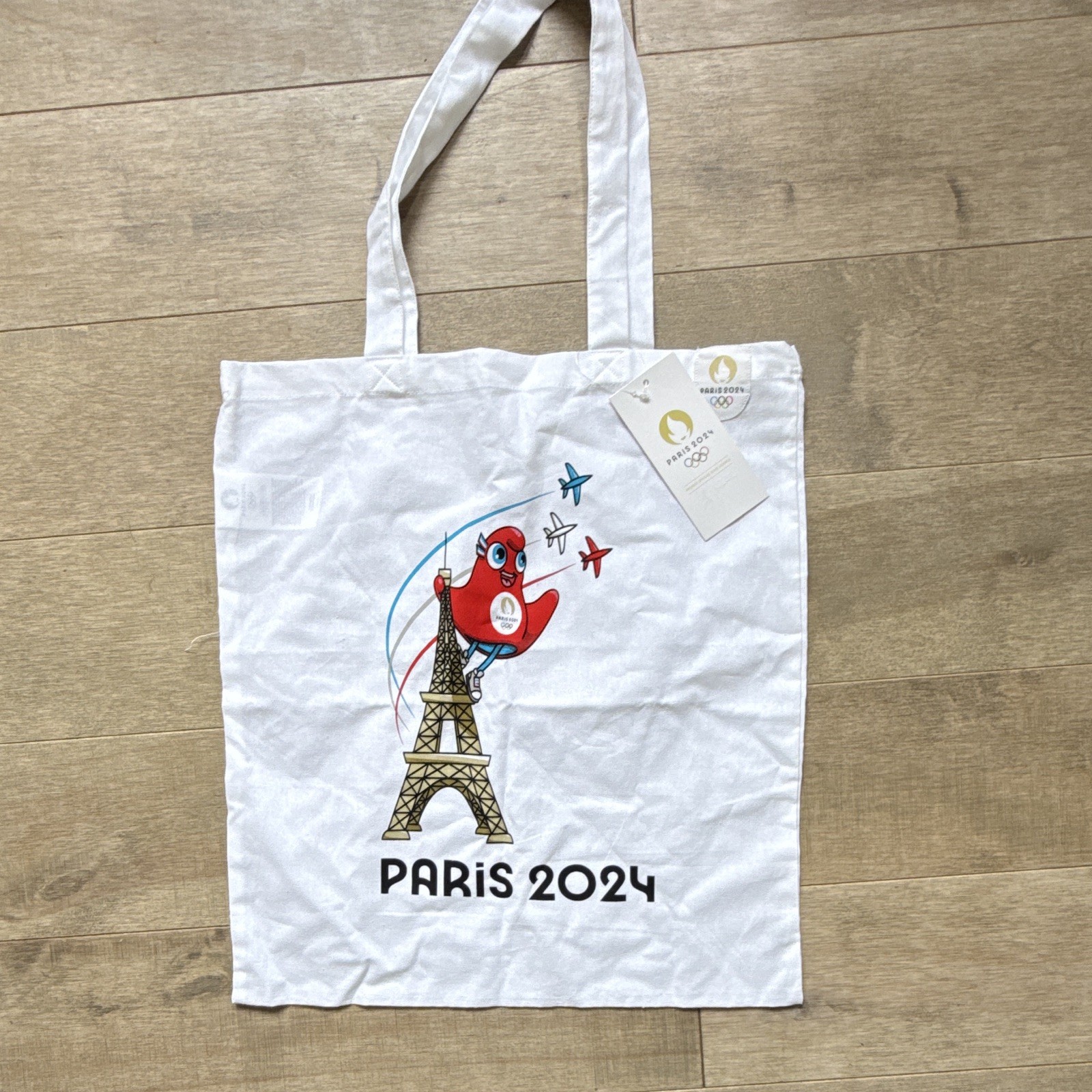 Paris 2024 Licensed White Reusable Graphic Print Fabric Tote Bag 15x12x18