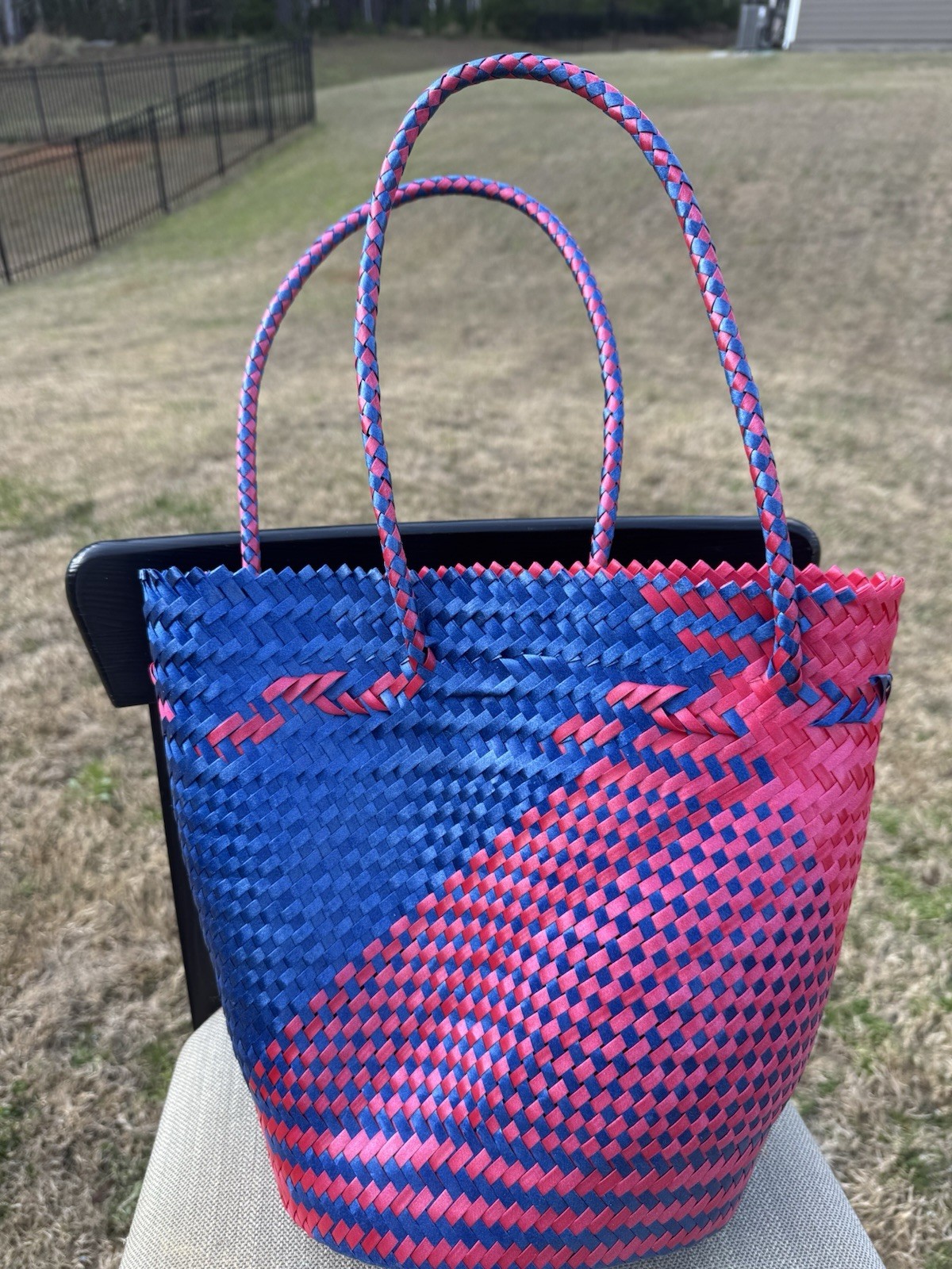 Foldable Plastic Geometric Pink Blue Tote Bag Medium 12in x 6in Basket