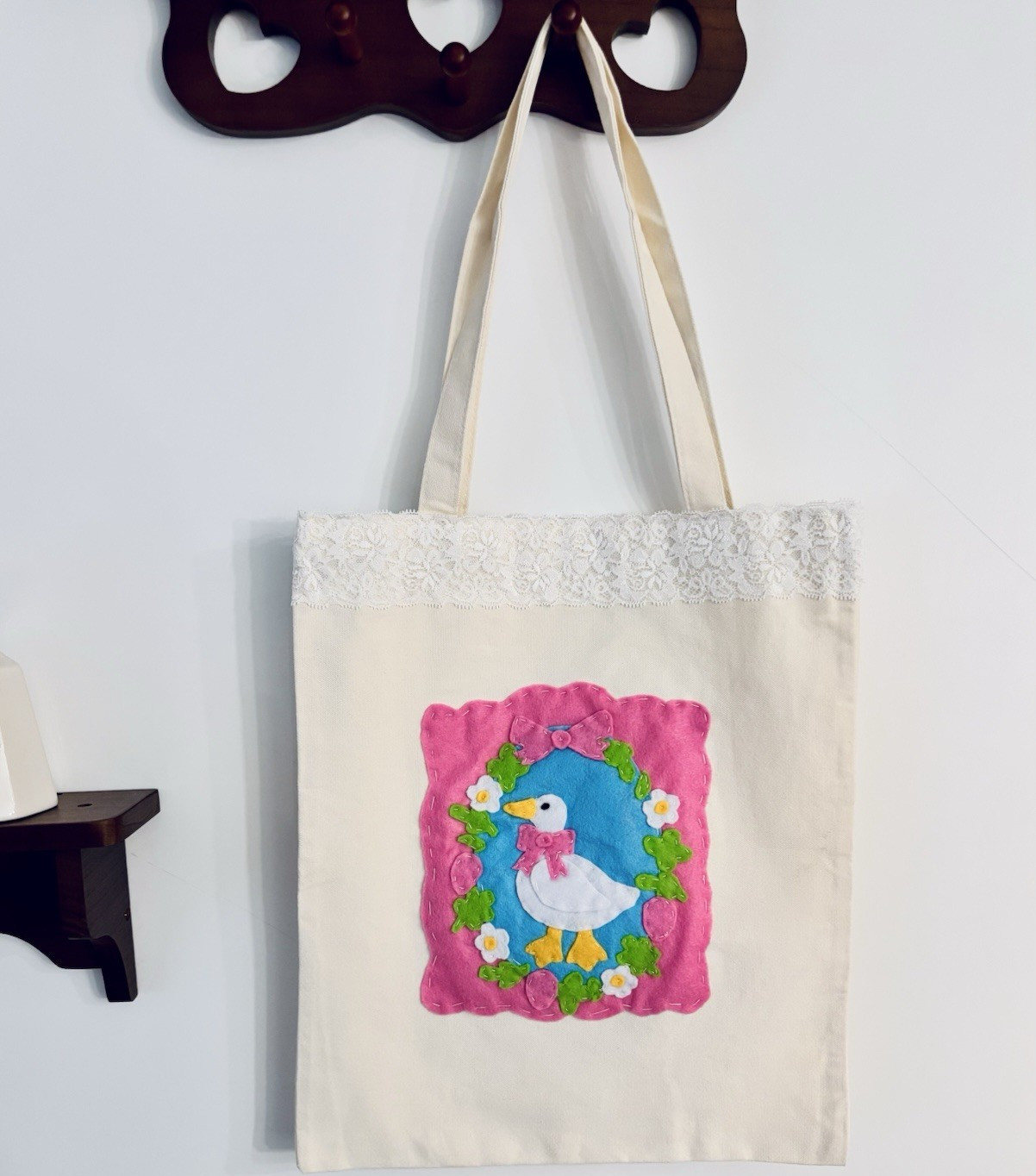 Hand sewed canvas tote bag Cottage Core Goose with Lace