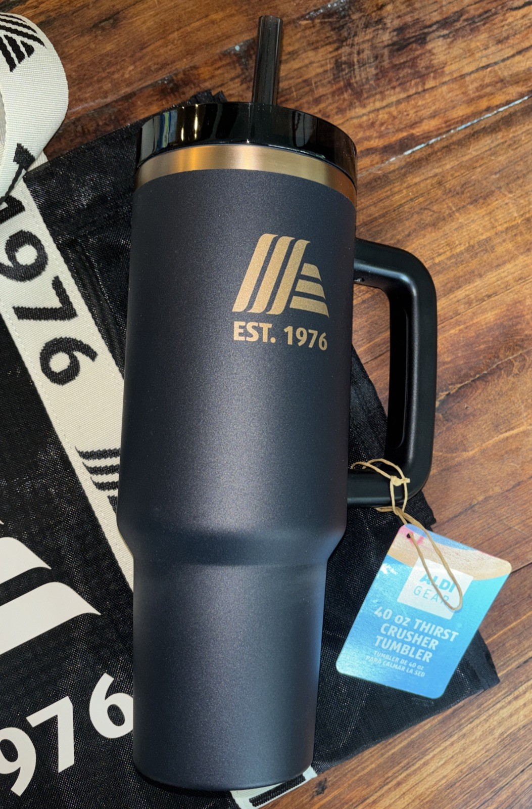 ALDI Mesh Tote Bag Black Est 1976 White Straps Stainless Tumbler & Coin Holder