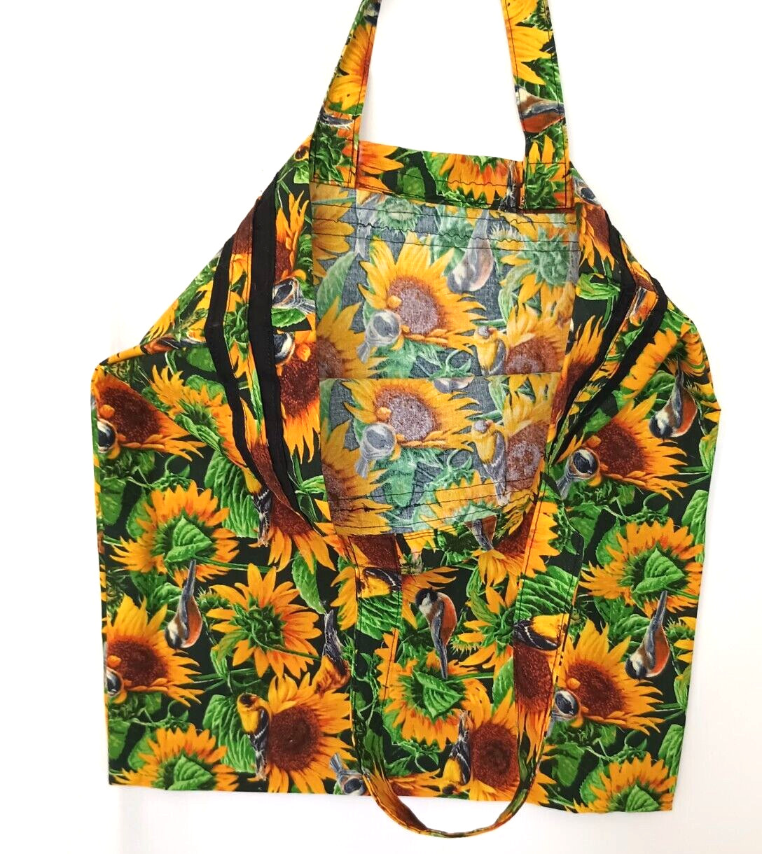Reusable Shopping Tote Bag Sunflowers Birds Foldable Multicolor Cotton Handmade