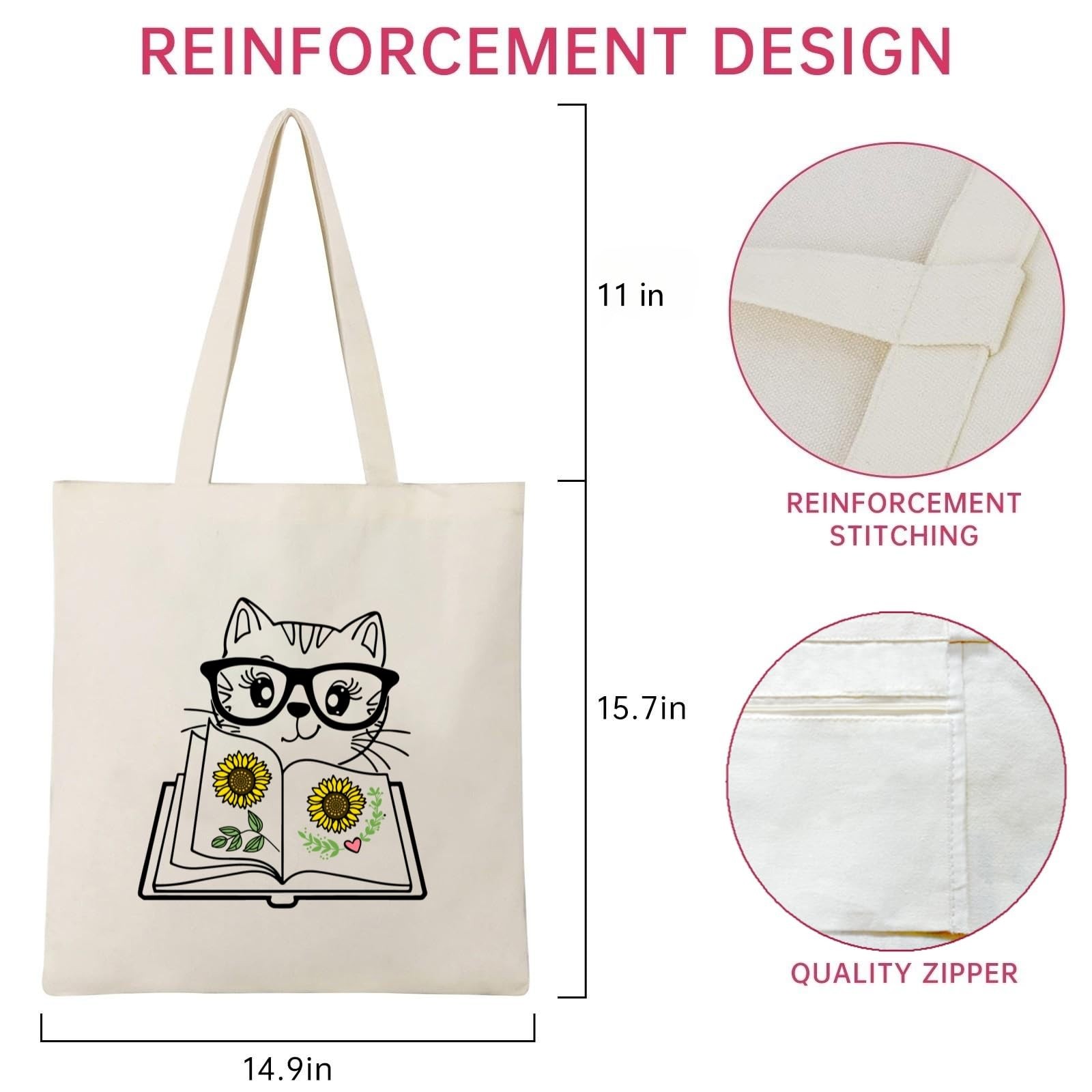 Canvas Tote Bag for Women Aesthetic Cute Cat Book Flower Graphic Tote Bag wit…