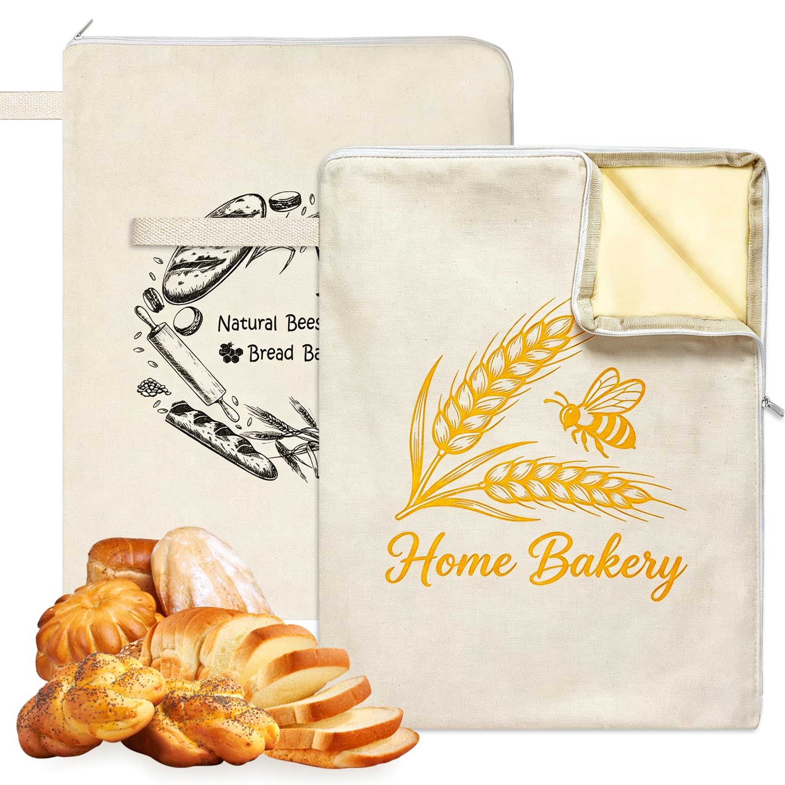 2PCS Reusable Beeswax Bread Bag for Homemade Bread, within 16 inch, beige