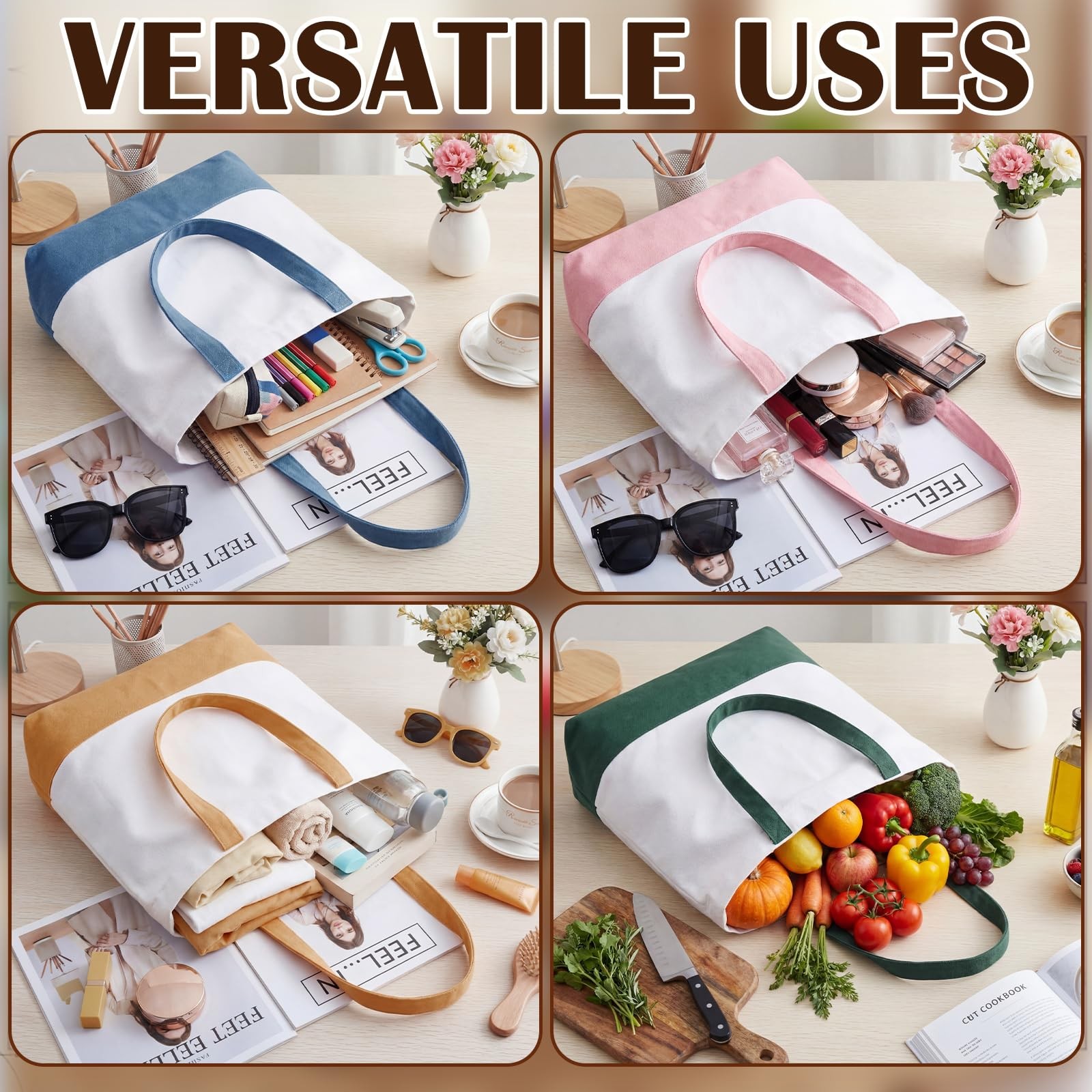 12 Pack Multi-color Blank Canvas Tote Bags Bulk 17.5 x 14.5 Inch Reusable Gro…