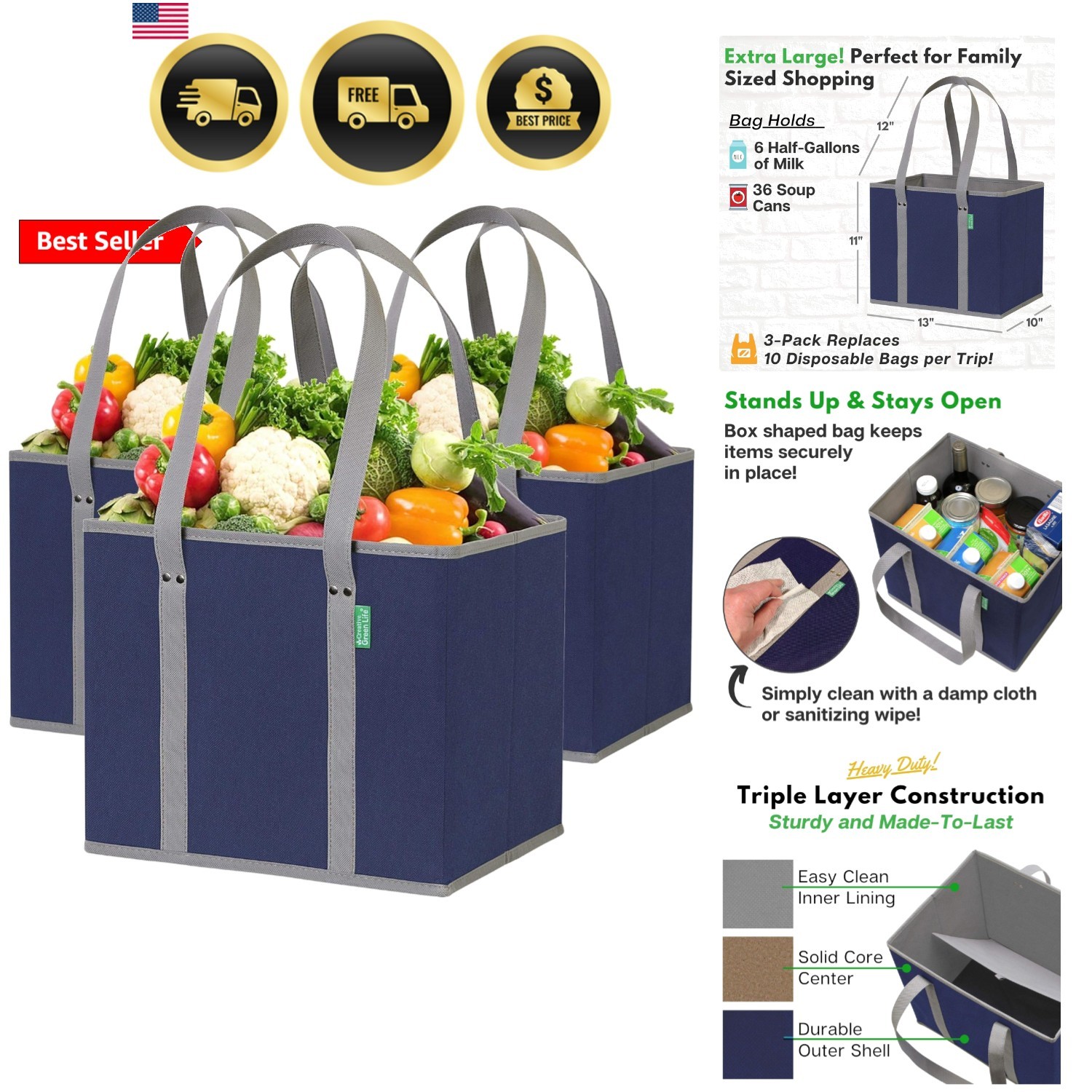 Reusable Grocery Bags 3 Pack – Heavy Duty Reusable Shopping Bags with Box Sha…