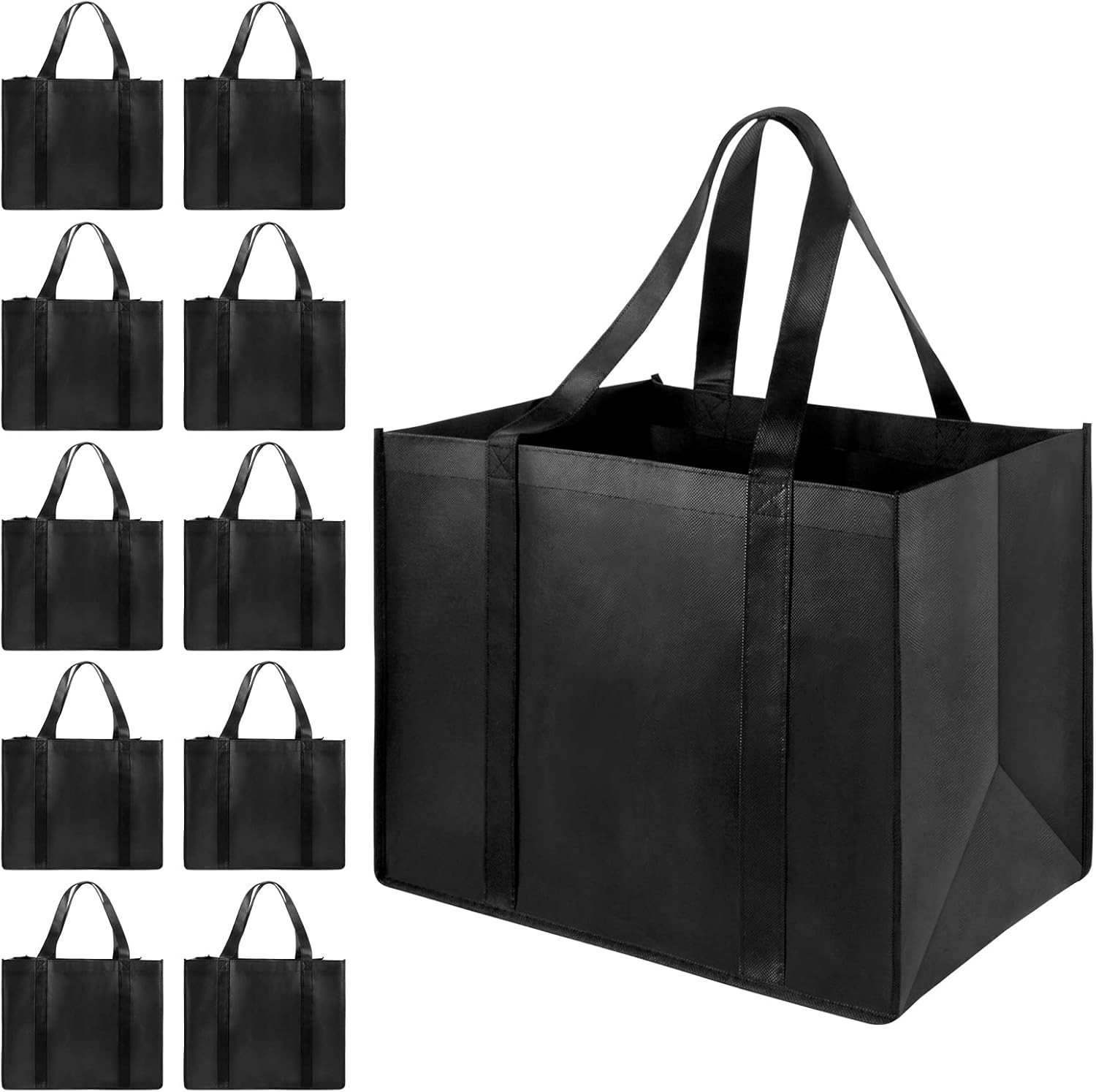 10 Pack Heavy Duty Reusable Grocery Bags XL Shopping Totes 45lb Foldable Black