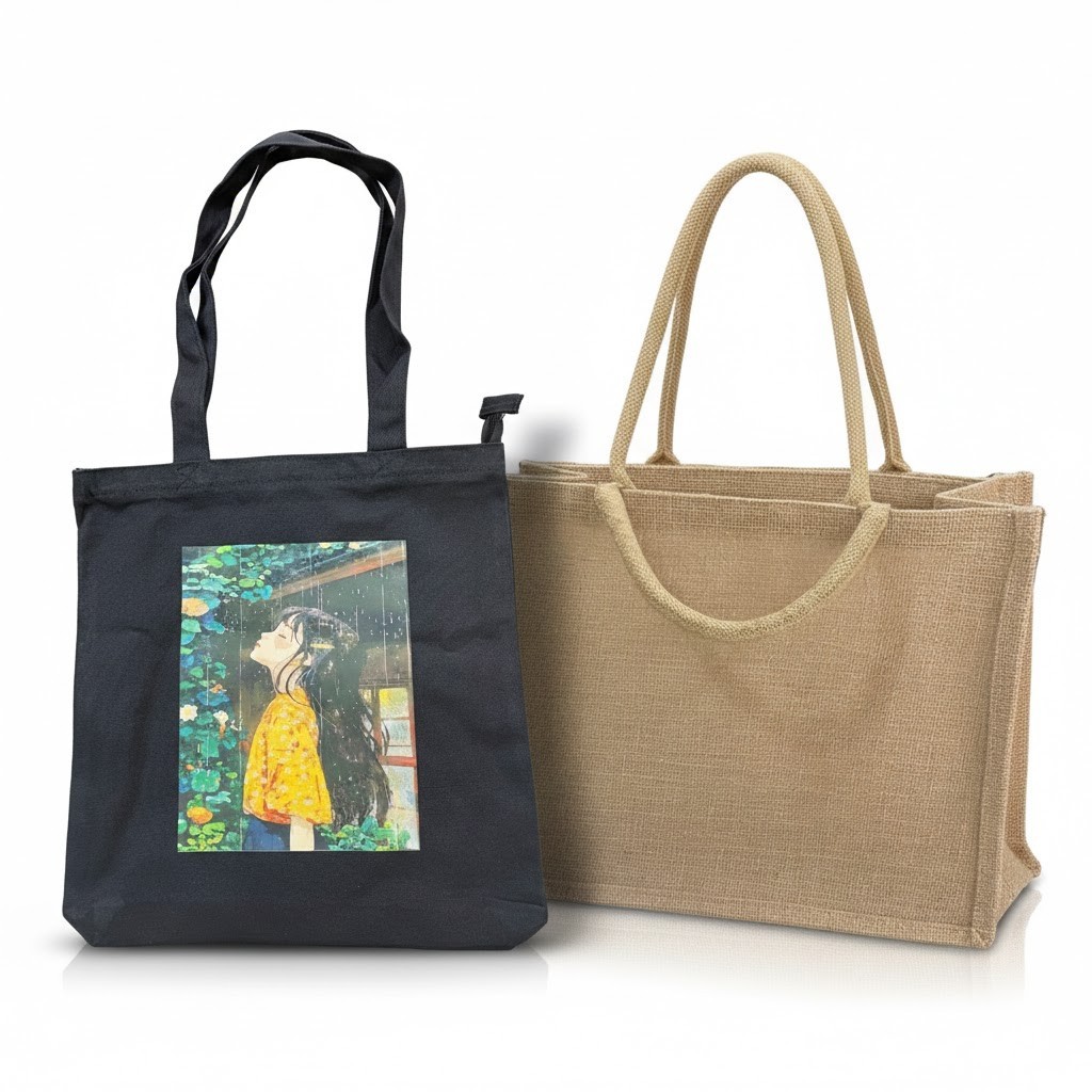 Jute & Cotton Canvas Tote Bag Combo Eco Friendly Reusable Shopping Bags (2 Pack)